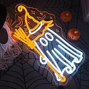 Looklight Ghost Broom Neon Sign Dimmale Neon Lights For Wall Decor Led Lights For Halloween Bar Man Cave Club Party Decor Gifts USB Powered 16.54x9.45in