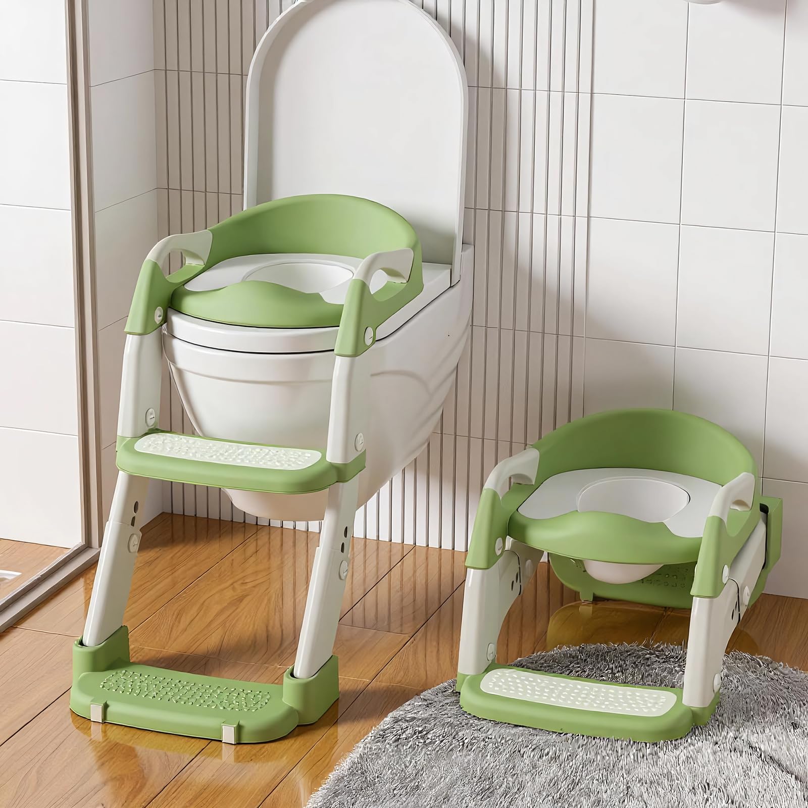 Potty Training Seat with Step Stool Ladder, 3-in-1 Toddler Toilet Seat and Potty Chair with Splash Guard, Anti-Slip Pad Adjustable, Potty Training Toilet for Kids Boys Girls Toddlers Green - 1