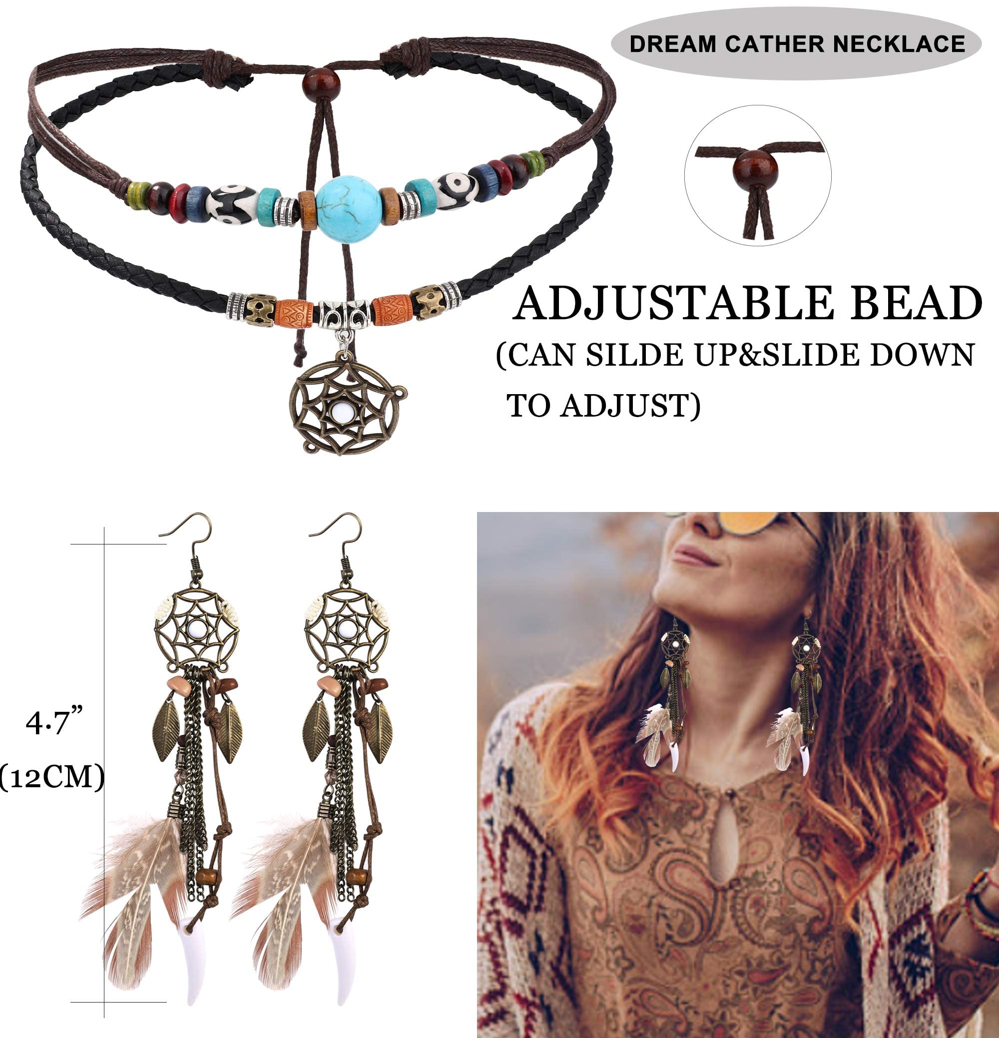 LOLIAS 4 szt. Nakrycie głowy Indian Boho Set Naszyjnik Kolczyki Skórzane Pióra Dla Kobiet Bransoletka Ręcznie Robiona Vintage Hippie Plemienny Impreza Karnawał Biżuteria