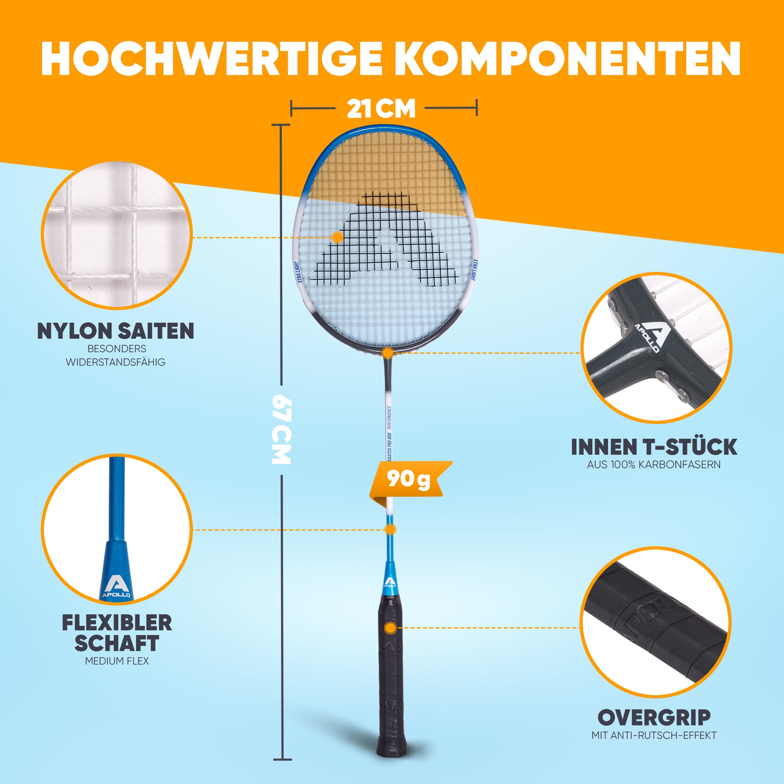 Apollo Badminton Set - Federballschläger Set für Training, Sport und Spaß mit der Familie, 2X Carbon Composite Badmintonschläger mit Tasche und Federbällen, leichte Badminton Schläger, Federballset