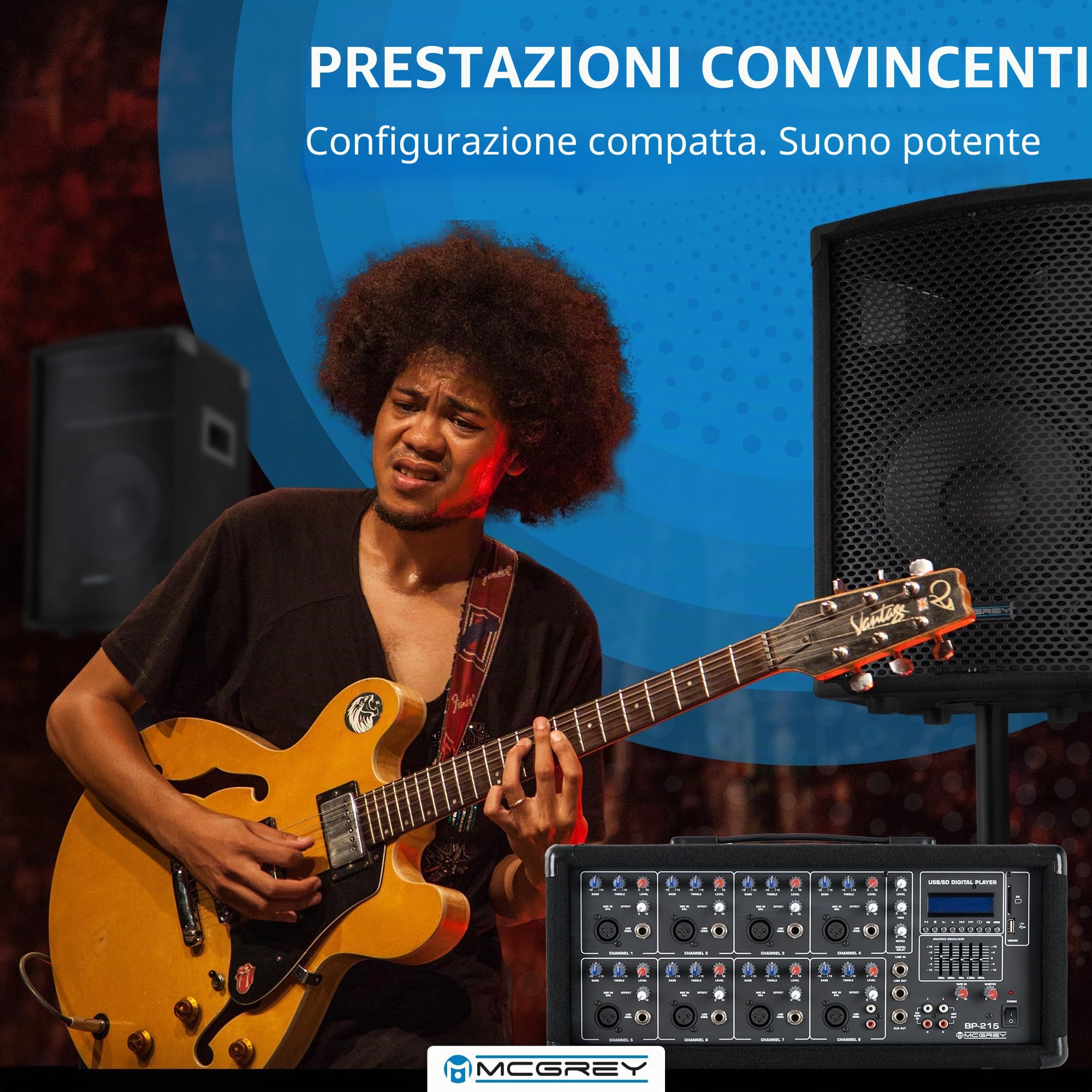 McGrey BP-215 Bandpack PA-System: mixer amplificatore 8 canali, riverbero digitale, Bluetooth, slot USB/SD, casse 2 vie 15" woofer, microfono, supporti, cavi, 150 Watt.