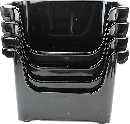 Miniatura 6 de Skywin Contenedores de almacenamiento apilables de plástico, color negro, paquete de 4 contenedores de almacenamiento frontales abiertos con diseños