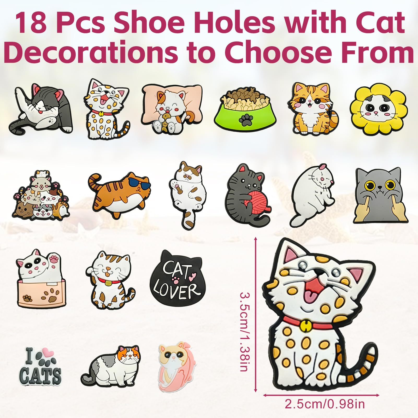 18 unidades de colgantes de zapatos para Crocs, diseño de gato de dibujos animados, colgante de PVC, decoración DIY para niños, idea de regalo