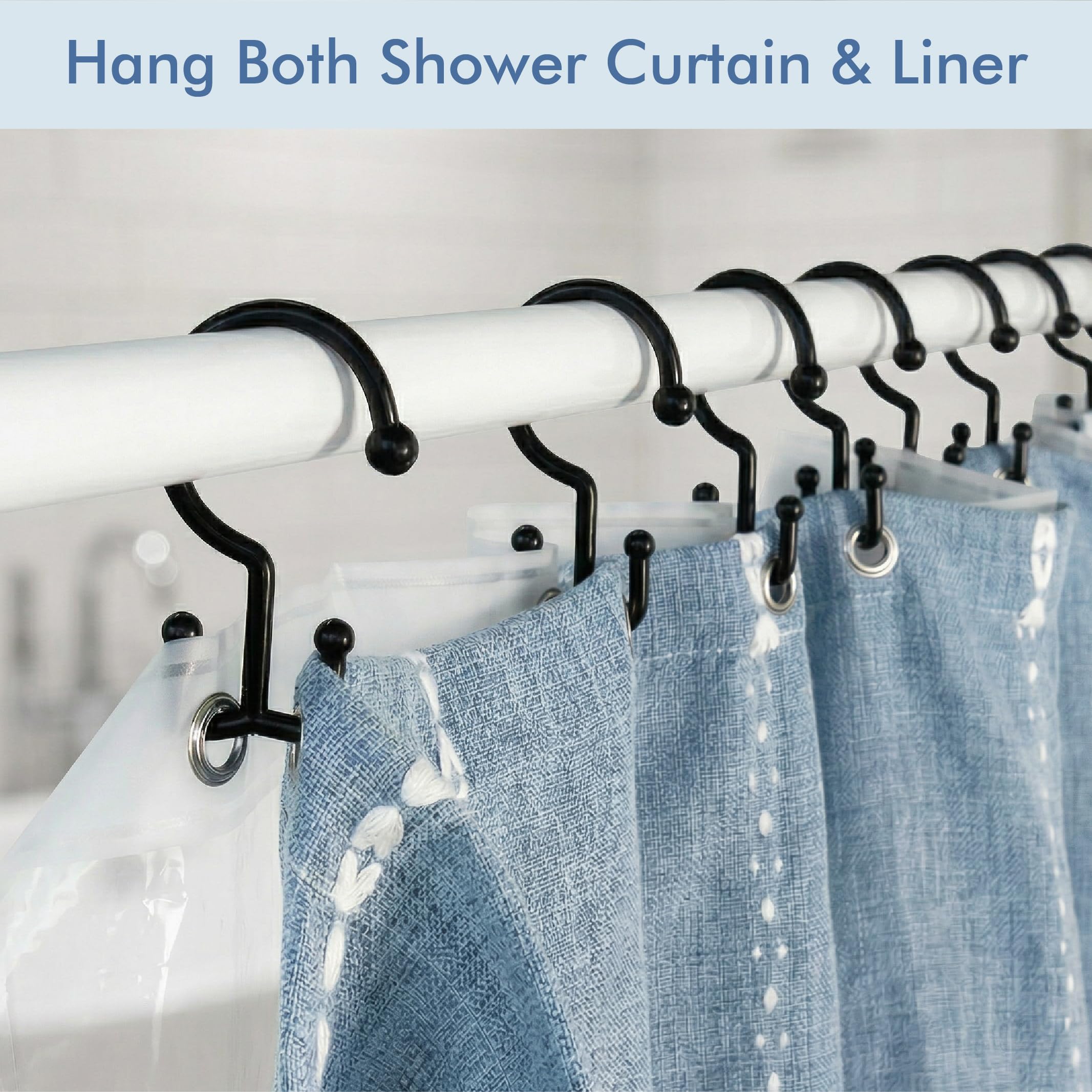 Bathway Plastic Double Shower Curtain Hooks,12Pcs Bathroom Shower Curtain Hooks, Smooth Sliding, Easy to Use, Multi-Functional Rings for Shower Curtain, Black - 2