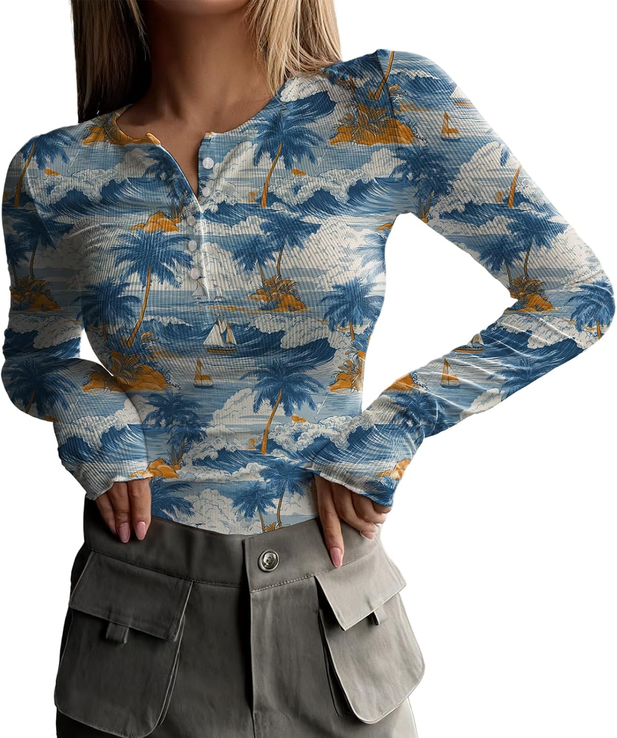 Vintage Womens Long-Sleeved Half Button T Shirts Casual Tshirt Crewneck Fitted Tee Long Sleeve Oversized Tops Women