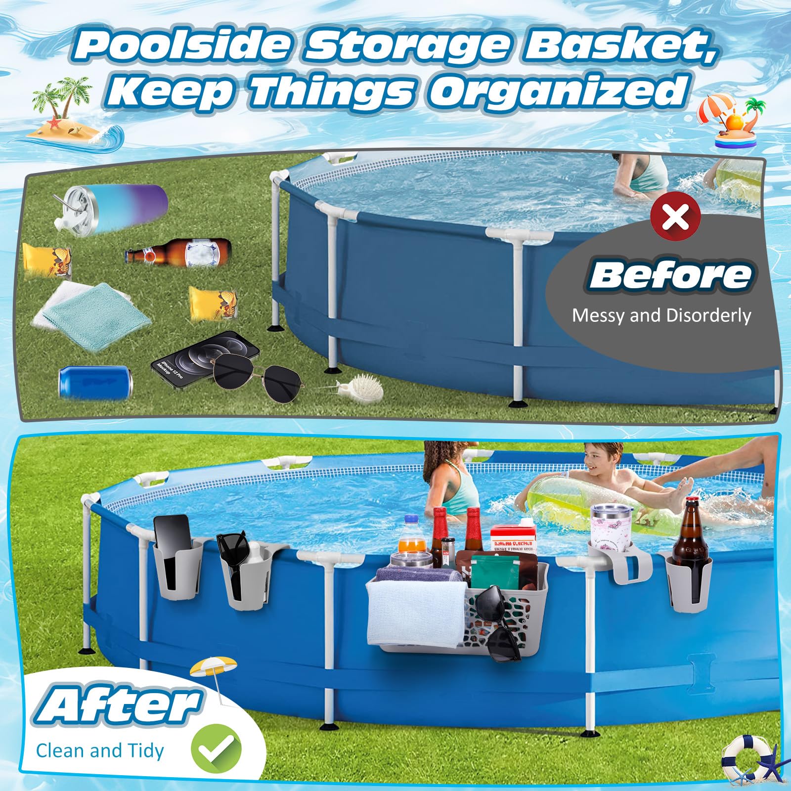 Panier De Rangement Au Bord De La Piscine Avec 4 Porte-gobelets De Piscine, Accessoires De Piscine Hors Sol, Convient Aux Piscines Hors Sol Avec Barre