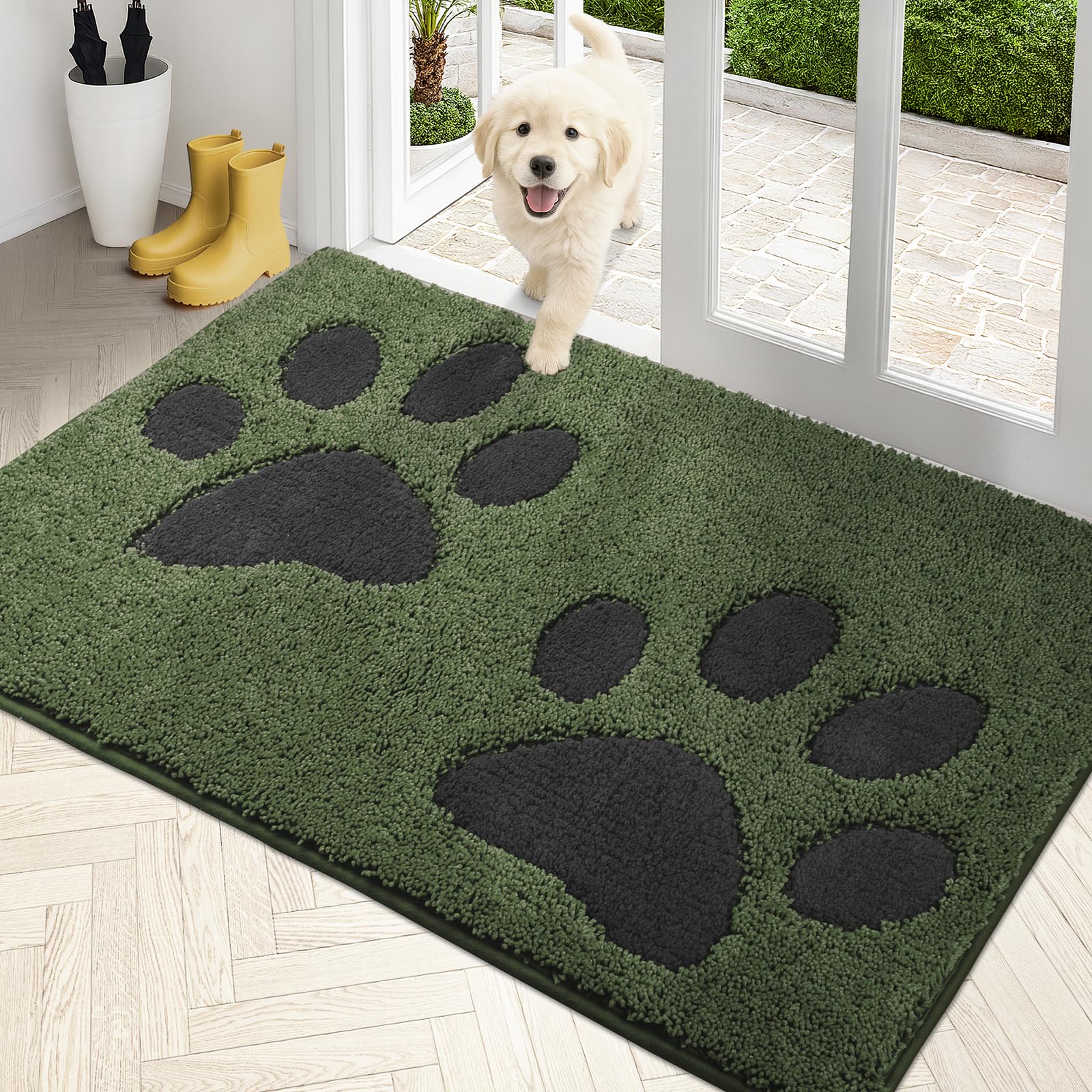 Paillasson anti-saleté lavable tapis entrée microfibre absorbant chien vert