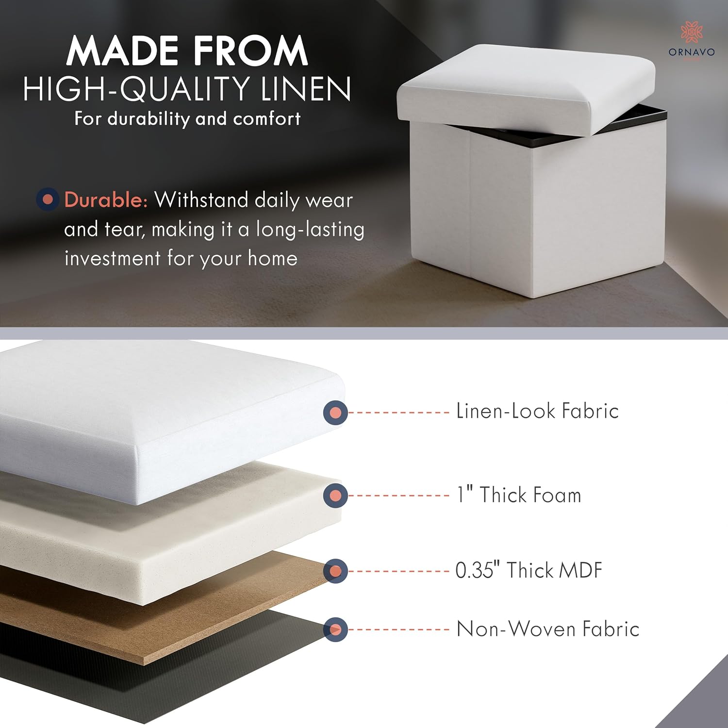 Ornavo Home Small Storage Ottoman Foldable Collapsible Cube Square Linen Ottoman Foot Rest Stool Seat, for Living Room, Bedroom, Home Office, Dorm - 12 x 12 x 12, White - Image 5