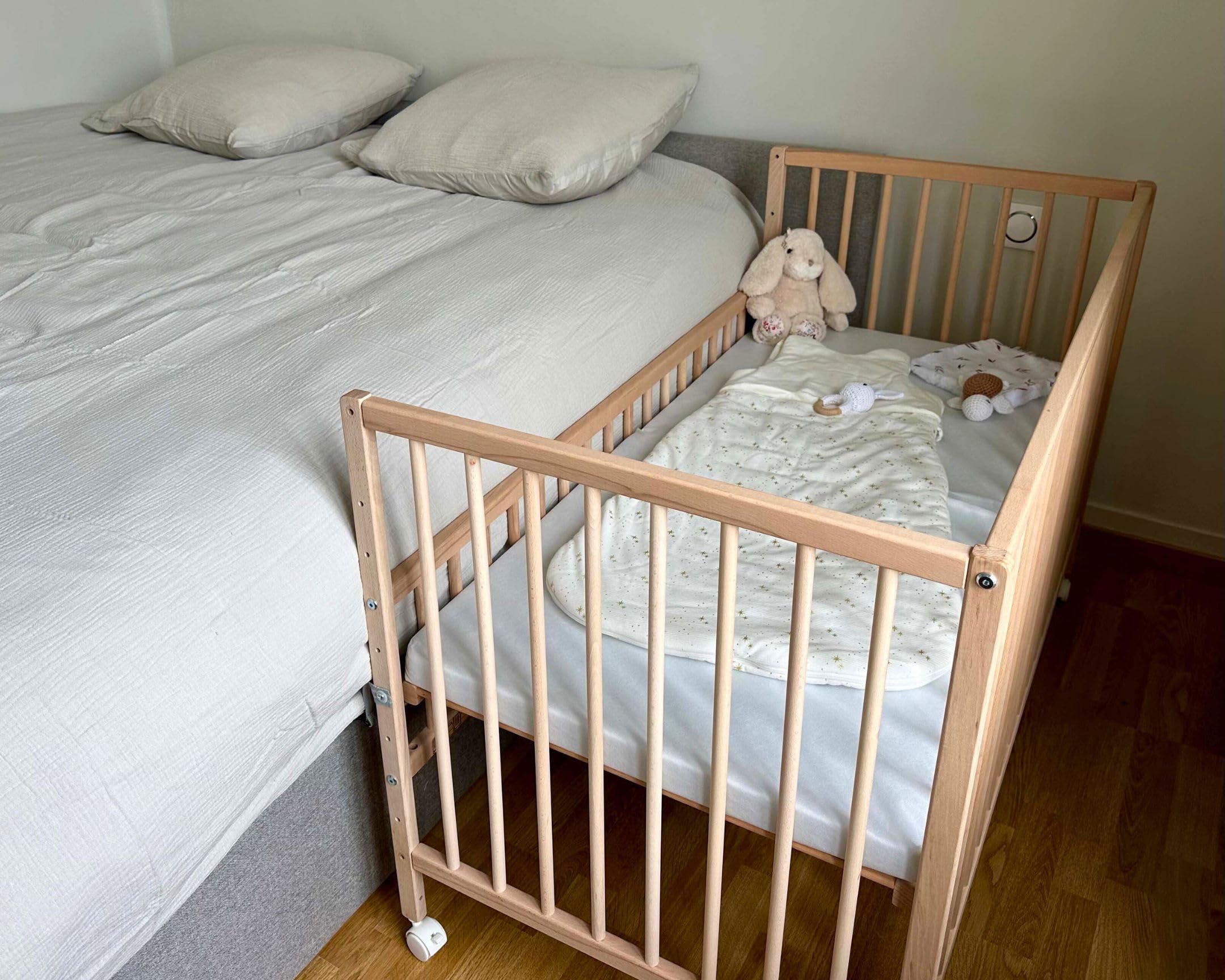 WEBABY - Cuna bebe colecho 60x120 madera con ruedas LIO - Haya Cruda - 124 x 64,50 x 81cm