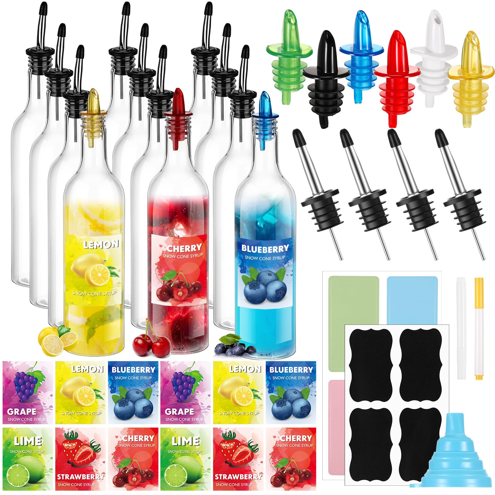 Maxcheck 12 Pcs Plastic Snowcone Syrup Bottles Snow Cone Supplies Empty Plastic Syrup Dispenser with Rainbow Pourer Plastic Long Neck Bottles for