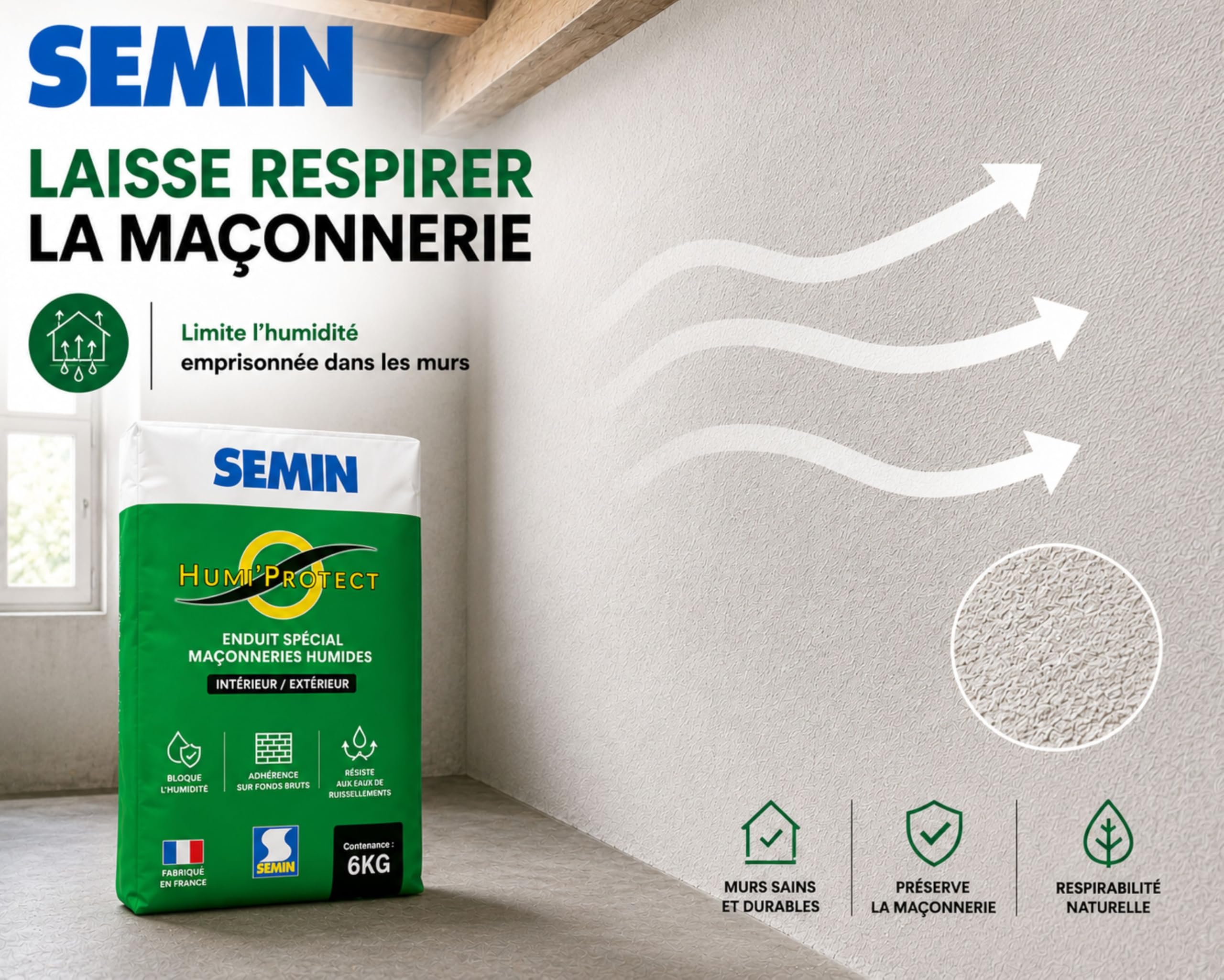 Semin Humi’Protect - Enduit Ciment Anti-Humidité - Traitement Maçonneries Humides - Intérieur & Extérieur - Cave, Sous-Bassement & Façade -Lot de 2 Sacs de 6 kg
