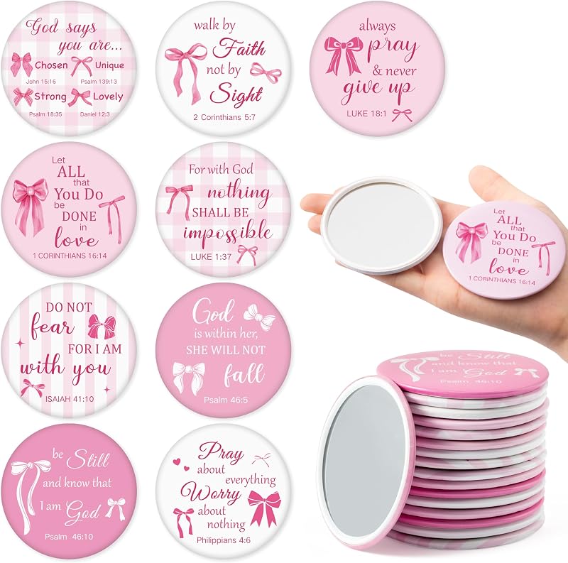 Y1tvei Espelhos compactos redondos com laços e versículos bíblicos, branco e rosa, 36 unidades