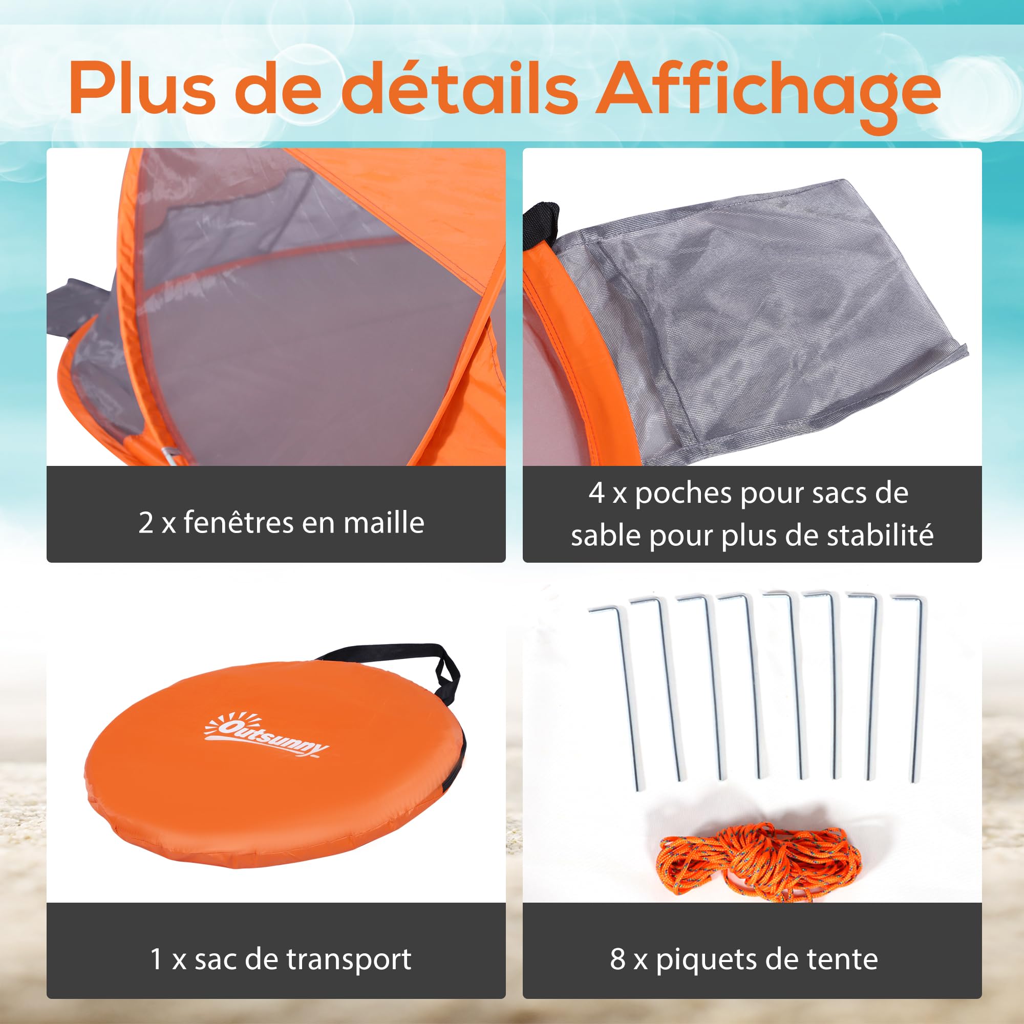 Outsunny Abri de Plage Tente de Plage Pliable Pop-up Automatique instantané Protection UV fenêtre arrière Grand Tapis de Sol Orange