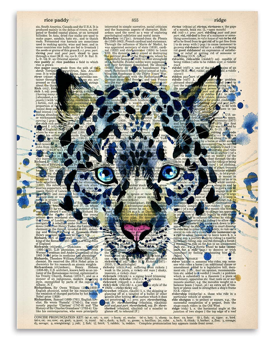 Upcycled Dictionary Art -  - Classic Office and Home Decor, Library Water Color Wall Art, Animal Print Vintage Book Page Bedroom Decoration, 8.5x11 Unframed Art Poster: Snow Leopard
