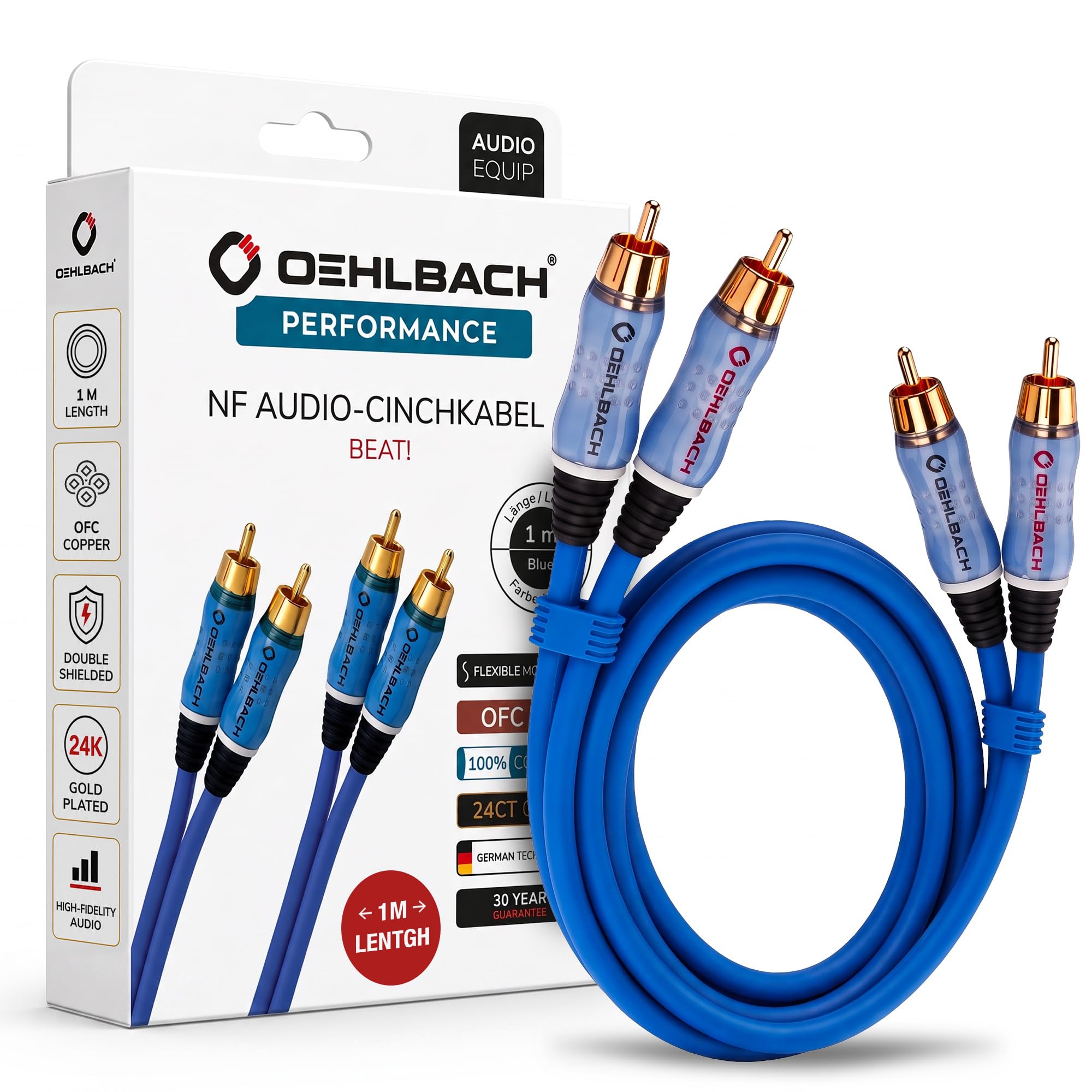 Oehlbach Beat Stereo Audio Cable RCA Cable Set for CD Players and Amplifiers Effective Shielding OFC Copper 1 m Blue