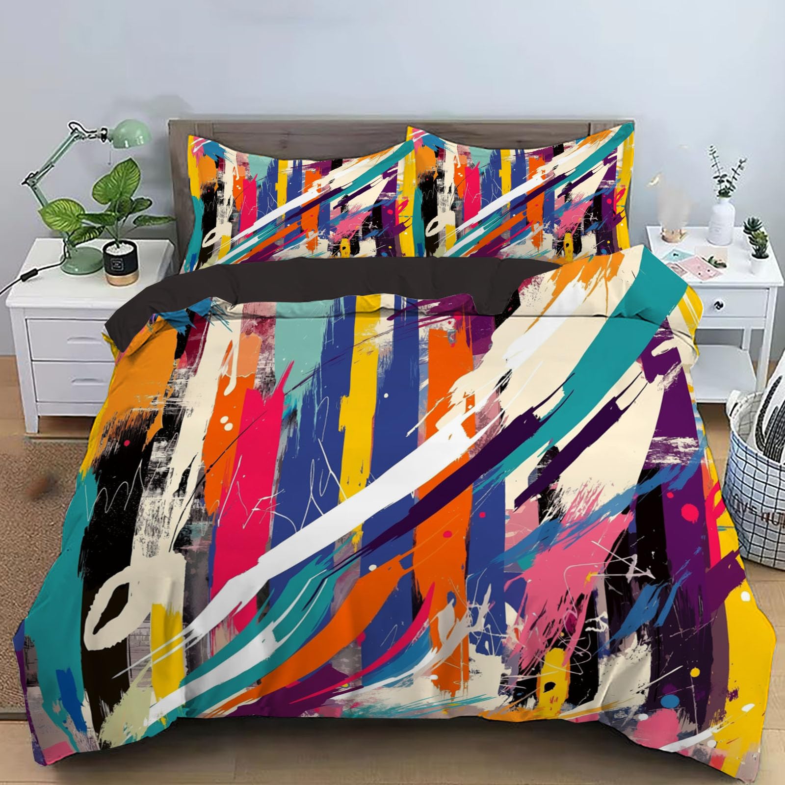 Housse de couette 140x200cm street style ado en microfibre respirante graffiti bleu violet