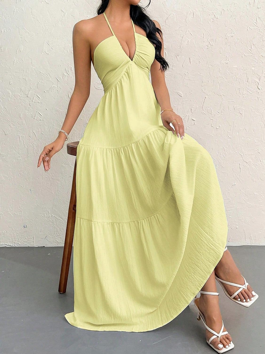 narecte women's maxi summer dresses halter v neck beach dresses for women a-line casual dress for vacation yellow small