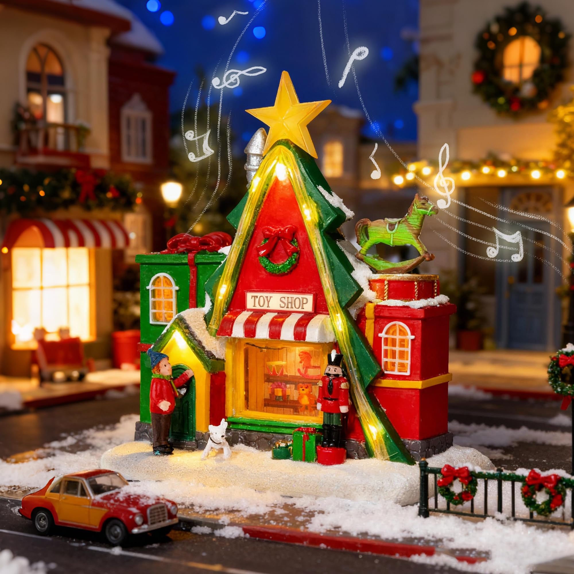 Maison de village musicale lumineuse à DEL – 18 cm – Boutique de cadeaux triangulaire – Décoration de maison de village de Noël – Bâtiments de collection pour la maison, la salle de bal et le