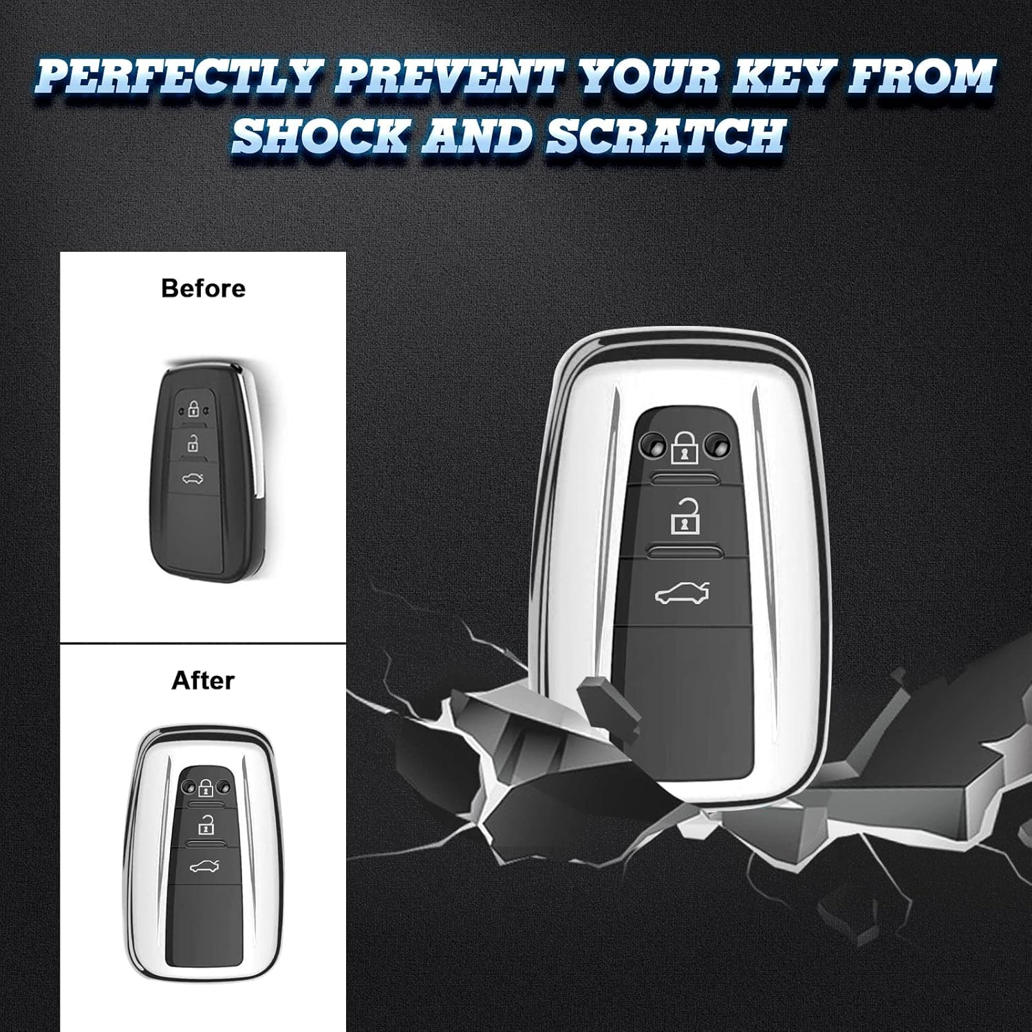 x xotic tech Set(2Pcs) Blue + Silver TPU Key Fob Shell Full Cover Case, Compatible with Toyota RAV4 Camry Highlander Corolla Avalon C-HR Prius GR 86 Scion iM Smart Keyless Entry Key