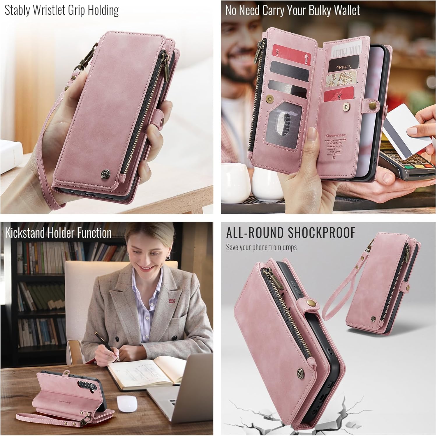 Defencase Compatible with Galaxy A13 5G Case Wallet with RFID Blocking Card Holder for Women Men, PU Leather Magnetic Snap Flip Zipper Strap Wallet Phone Case Fit for Samsung Galaxy A13 5G, Rose Pink