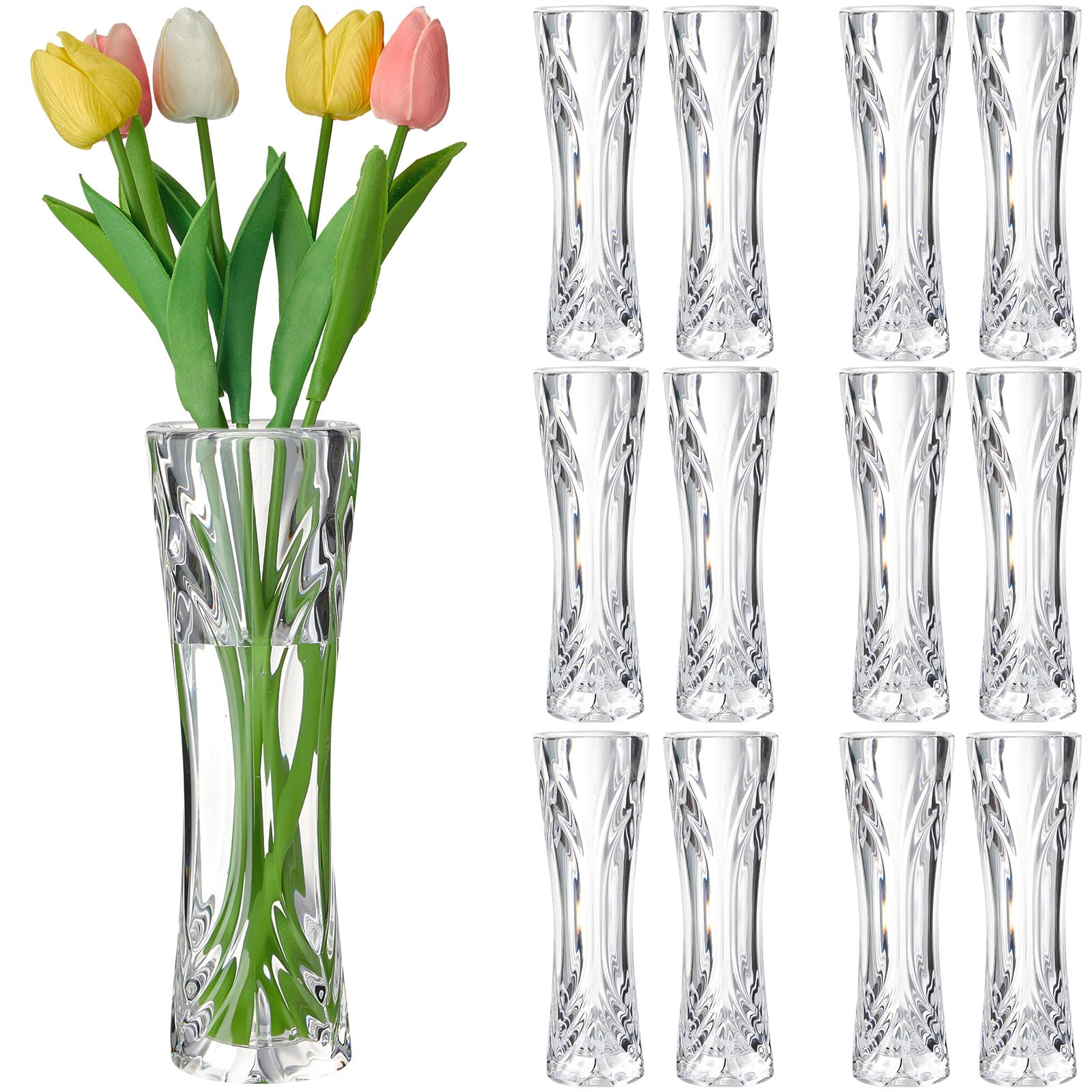12 Pcs Acrylic Glass Bud Vases for Centerpiece Clear Plastic Bud Vase Crystal Acrylic Vase Small Break Resistant Flower Vase Shatterproof Modern for Wedding Rose Home Decor (2.17 x 6.54 Inch, Stylish)