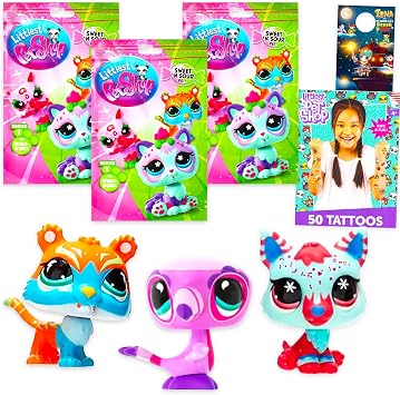 Littlest Pet Shop Blind Bag 3 Pack Bundle with 3 LPS Sweet and Sour Surprise Mini Figure Blind Bags Plus Tattoos, More | Littlest Pet Shop Mystery Figurines for Girls, Kids