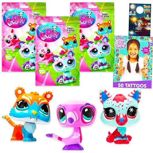 Littlest Pet Shop Blind Bag 3 Pack – Bundle with 3 LPS Sweet and Sour Surprise Mini Figure Blind Bags Plus Tattoos, More | Littlest Pet Shop Mystery Figurines for Girls, Kids