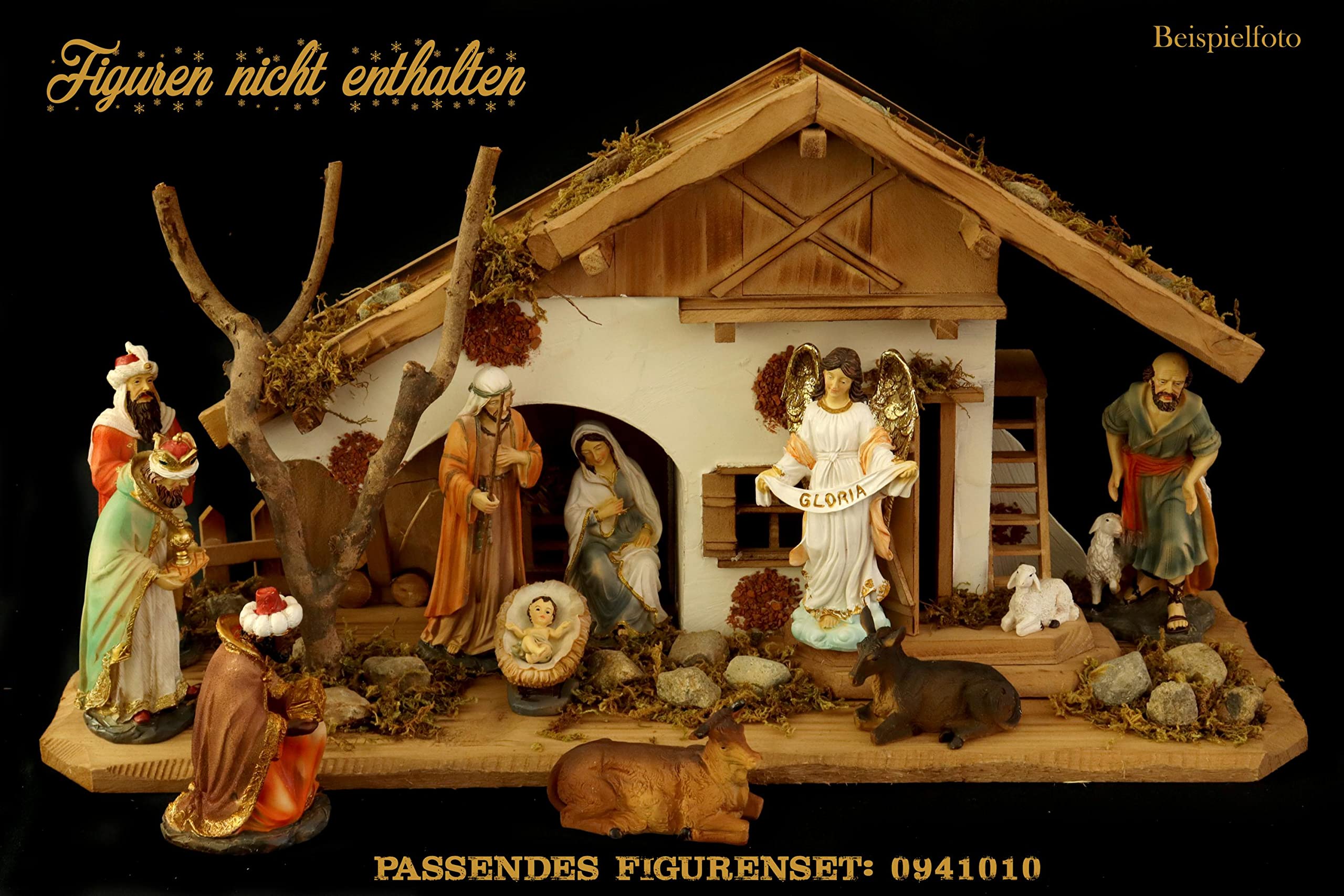 ELLUG Holz Krippenstall, Holzkrippe, Weihnachtskrippe 55 * 19 * 28cm (OHNE Krippenfiguren) Krippenstall aus Holz für Figuren bis 15cm Höhe