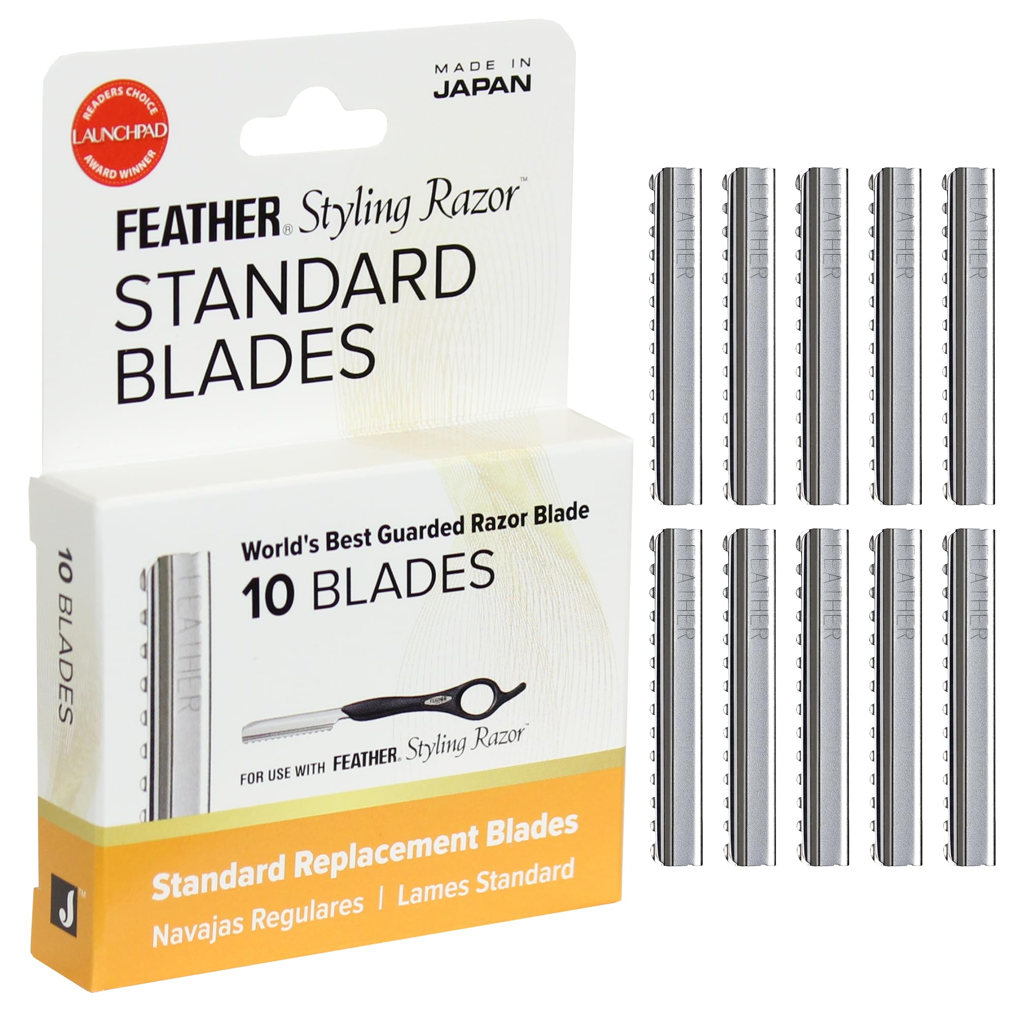 Feather Styling Razor Blades - Professional Hair Cutting Blades for Styling, Shaping, Feathering and Thinning - Stainless Steel Single Edge Guarded Blade - Made in Japan -10 Count