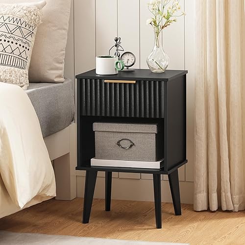 Mesa auxiliar, mesita de noche acanalada, mesa auxiliar moderna, mesita de noche con 1 cajón y 1 compartimento abierto, mesita de noche de mediados