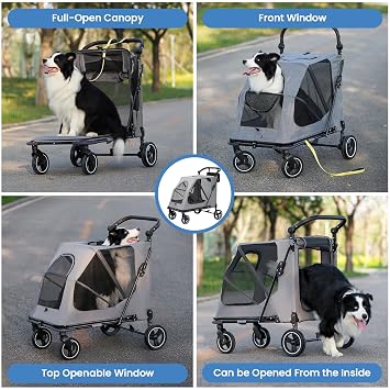 Dog Stroller for Large/Medium Dogs,Pet Stroller Up to 176 lbs,Extra Large Foldable Stroller for 2 Dogs Cats,Full-Open Sunshade Canopy,Adjustable Handle(Gray)