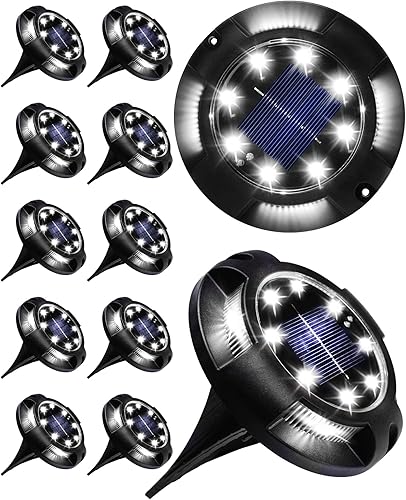 Luces solares de tierra para exteriores, 12 luces de disco LED, luces de jardín, alimentadas por energía solar, impermeable, iluminación de paisaje