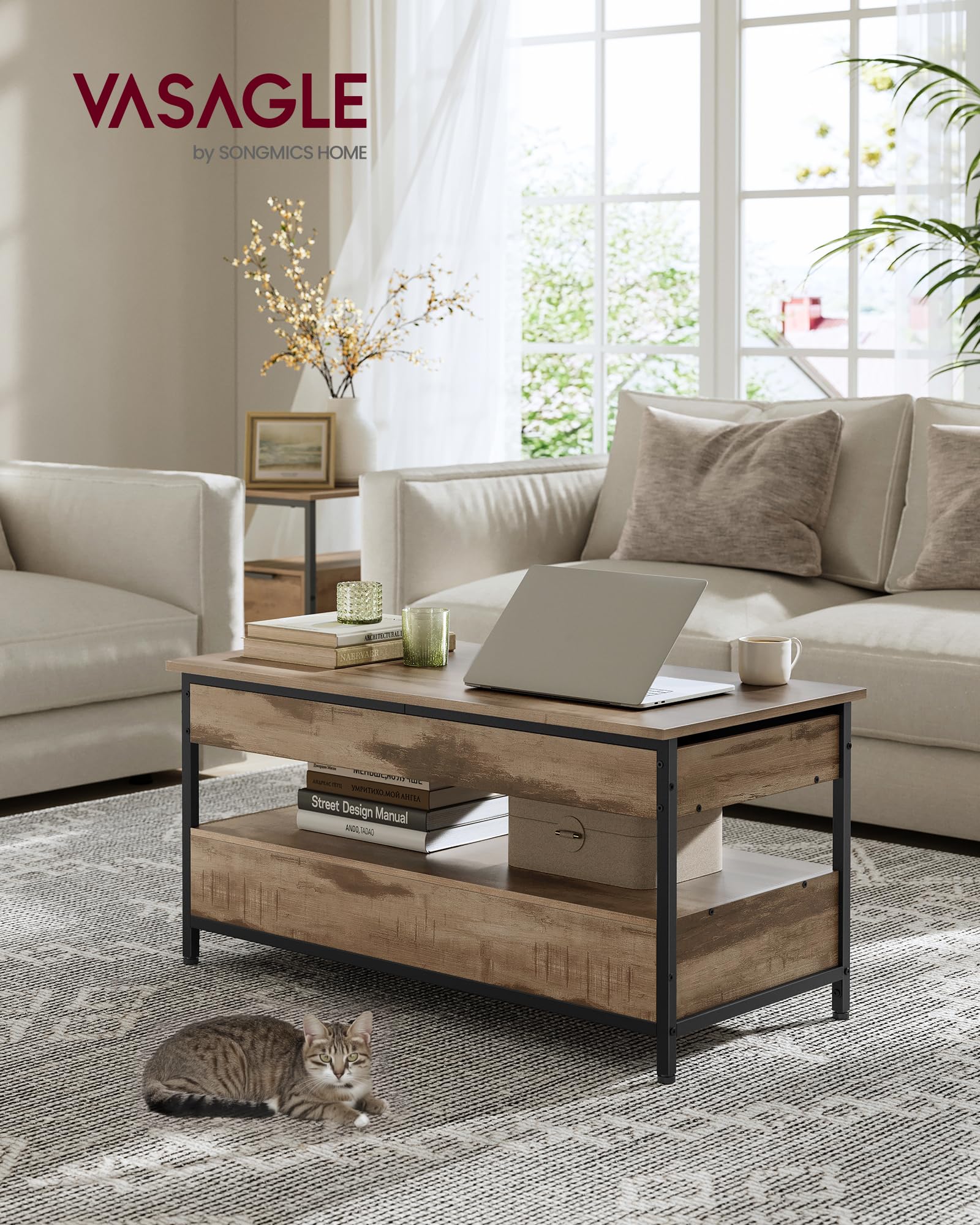 VASAGLE Mesa de Centro Elevable, Mesa de Salón, con Cajones de Almacenamiento, Compartimentos Ocultos y Estante Abierto, 50 x 100 cm, Marrón Camello y Negro Tinta LCT209K02