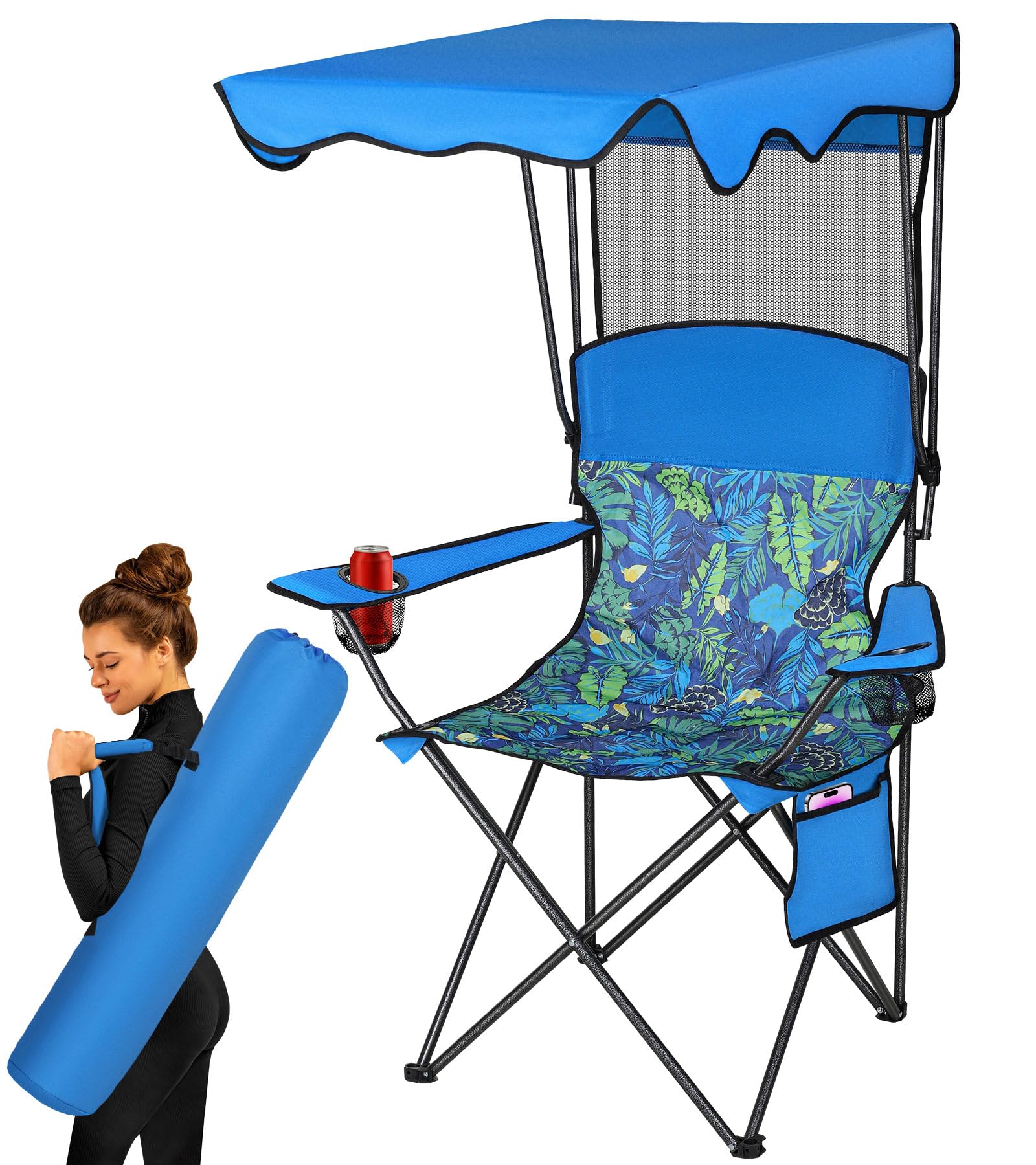 SeaSlep Camping Chair with Canopy, Chair with Cup Holders, Portable Camping Chairs with Carry Bag&Side Pocket, Beach Chair with Shade, Camp Chairs for Adult, Outdoor Folding Chair Support 330 LBS