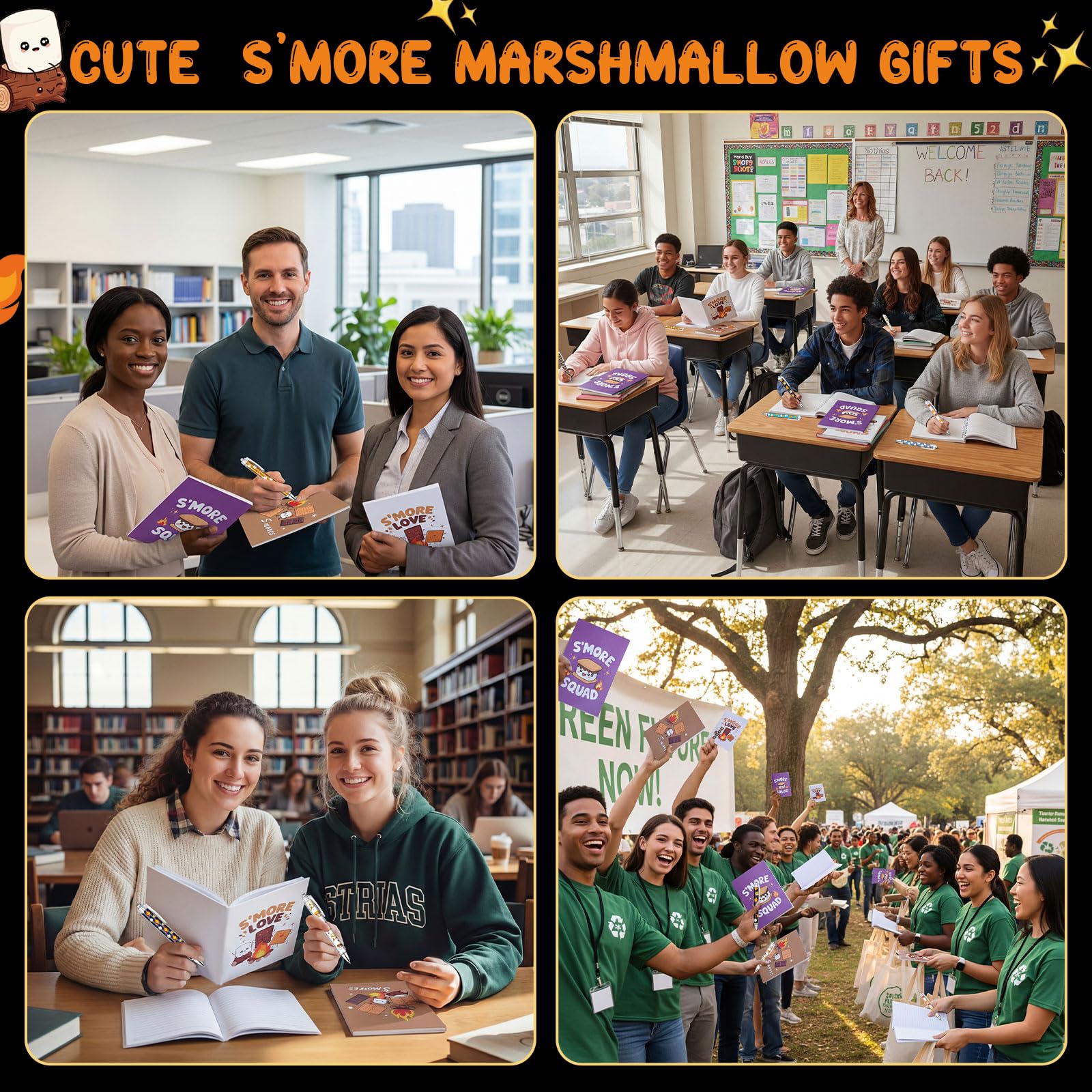 Resurhang S'more Marshmallow-Geschenk-Set, 9 Marshmallow-Notizbücher und 9 Kugelschreiber, lustiges Lagerfeuer-Thema, Schreibwaren, Mitarbeiter-Wertschätzung, Geschenke für Lehrer, Kollegen