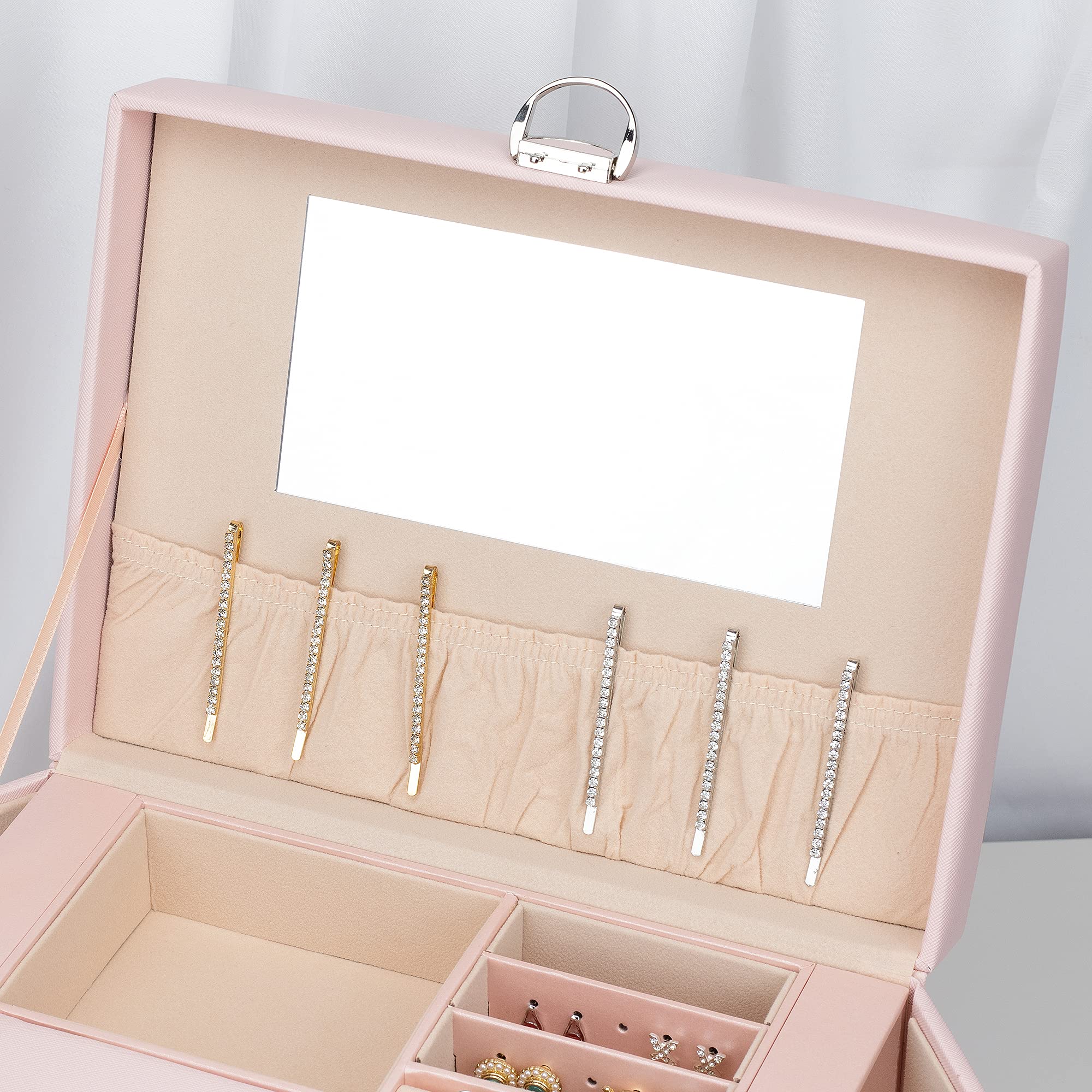 AdelDream Portagioie grande con serratura a 5 livelli con 5 cassetti con specchio per anelli orecchini collane e bracciali elegante e classico rosa3