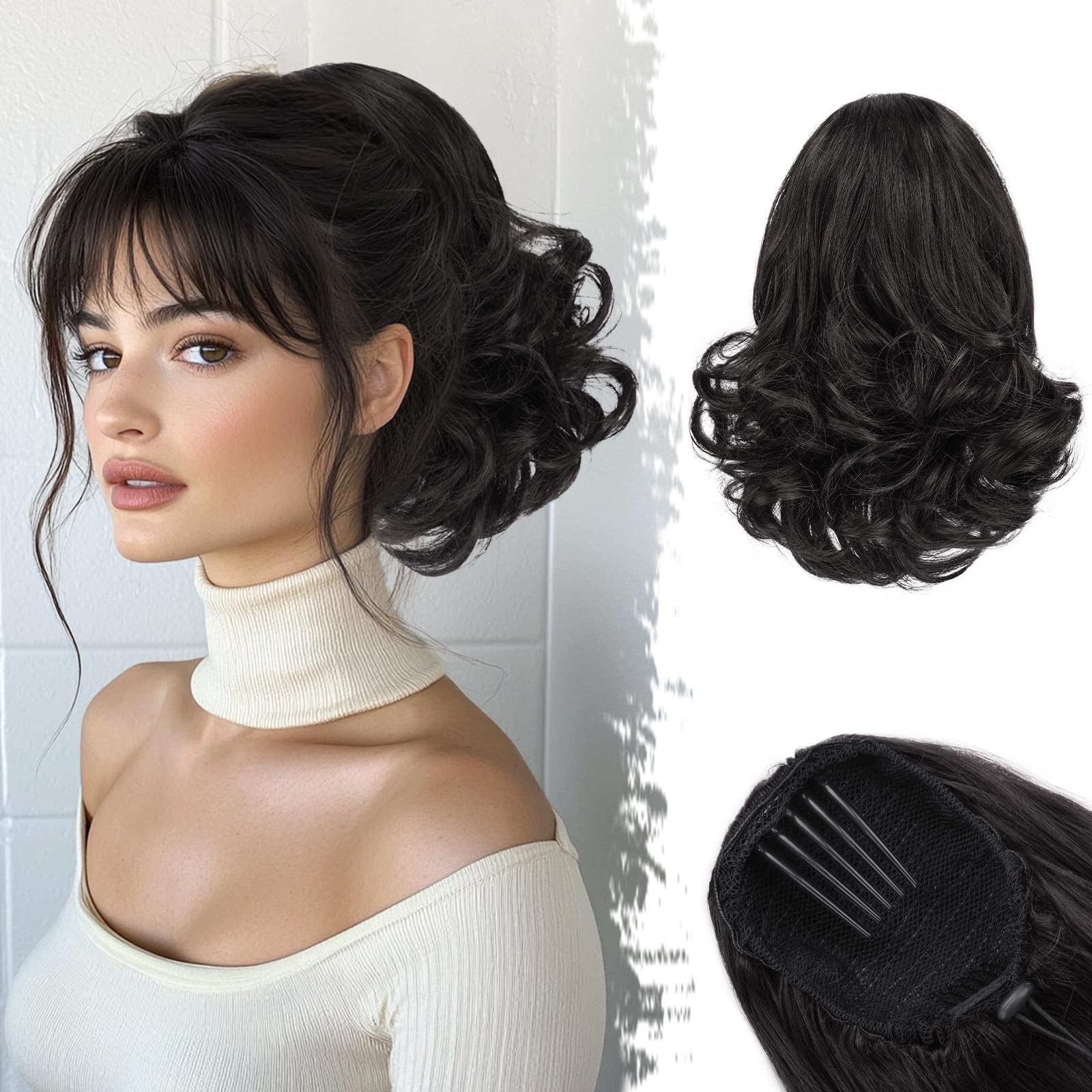 BARSDAR Drawstring Ponytail Extension - 10 Inch Short Wavy Black Brown Ponytail Extensions for Women - Synthetic Comb Clip in Ponytail Hairpieces Fake