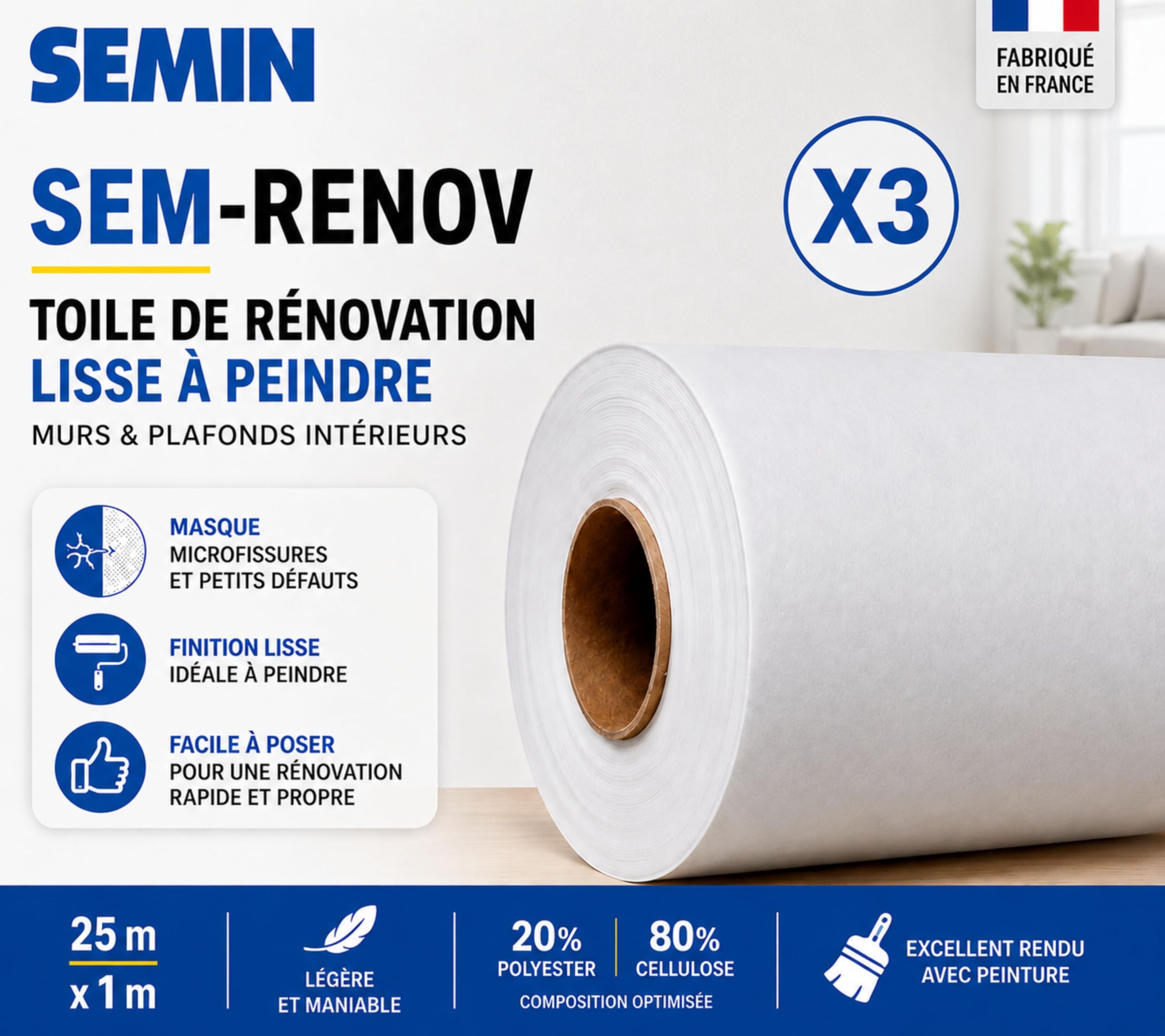 Semin - Revêtement de Rénovation Lisse à Peindre - Sem Renov - Intérieur - Rouleau de 25 x 1 m (Lot de 3, 75 Mètres)