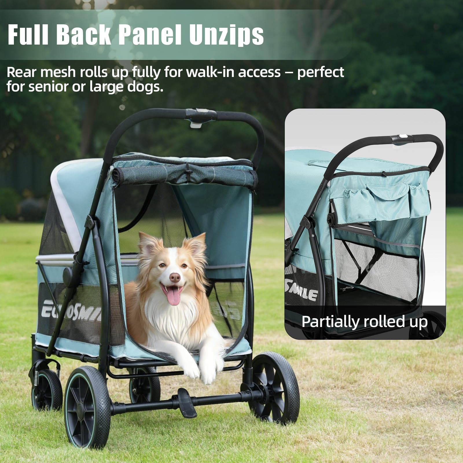 EchoSmile Cochecito para perros grandes de hasta 70 kg, plegable con ventana de red, asa ajustable y 4 ruedas todoterreno (verde + gris)