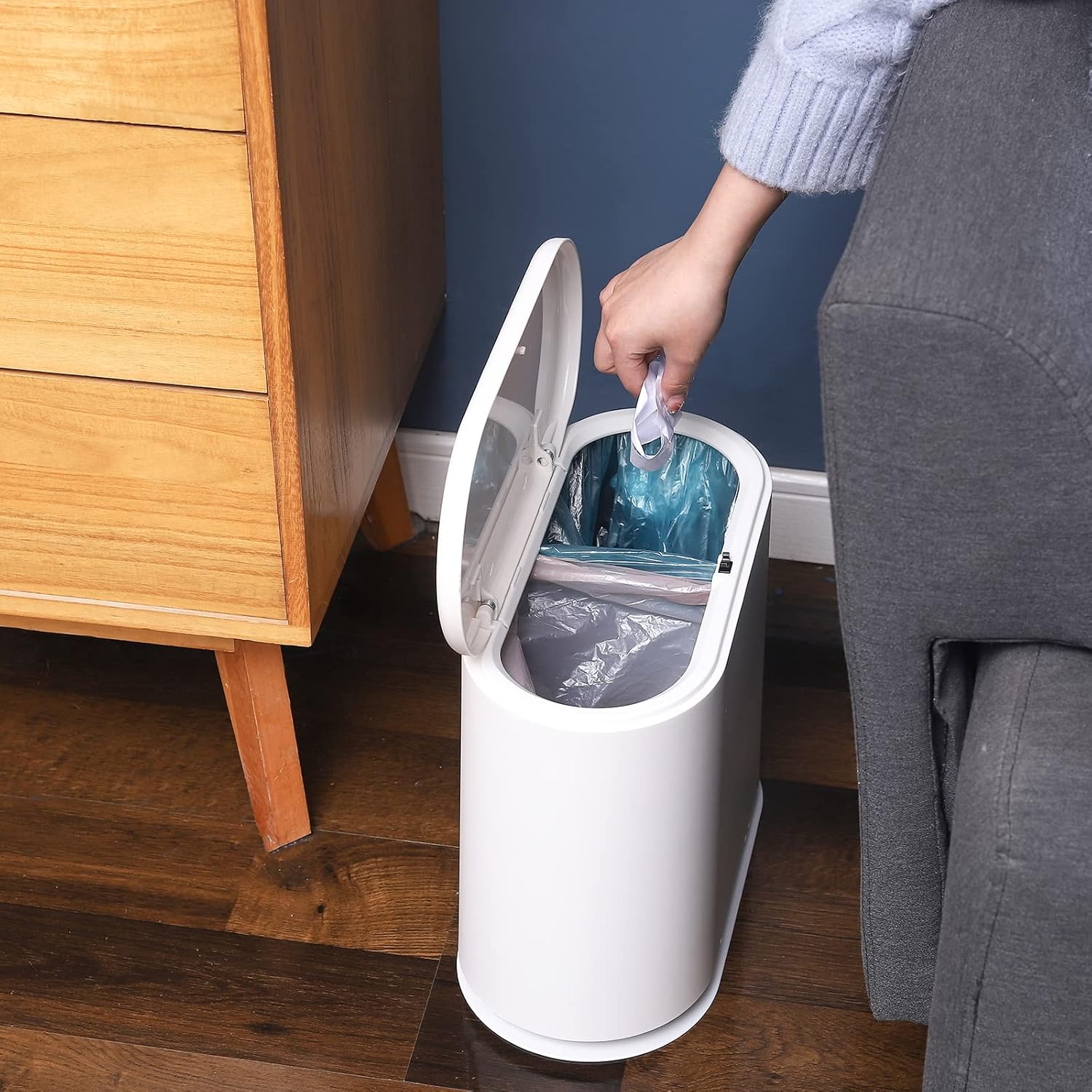 Slim Plastic Bathroom Trash Can With Lid,8L / 2.1 Gallon Pet & Dog Proof Trashcan,Kitchen Trash Can & Wastebasket with Press Type Lid,White Thin Garbage for Room,Rv,Bedroom,Dorm,Office Trash Bin - Image 6