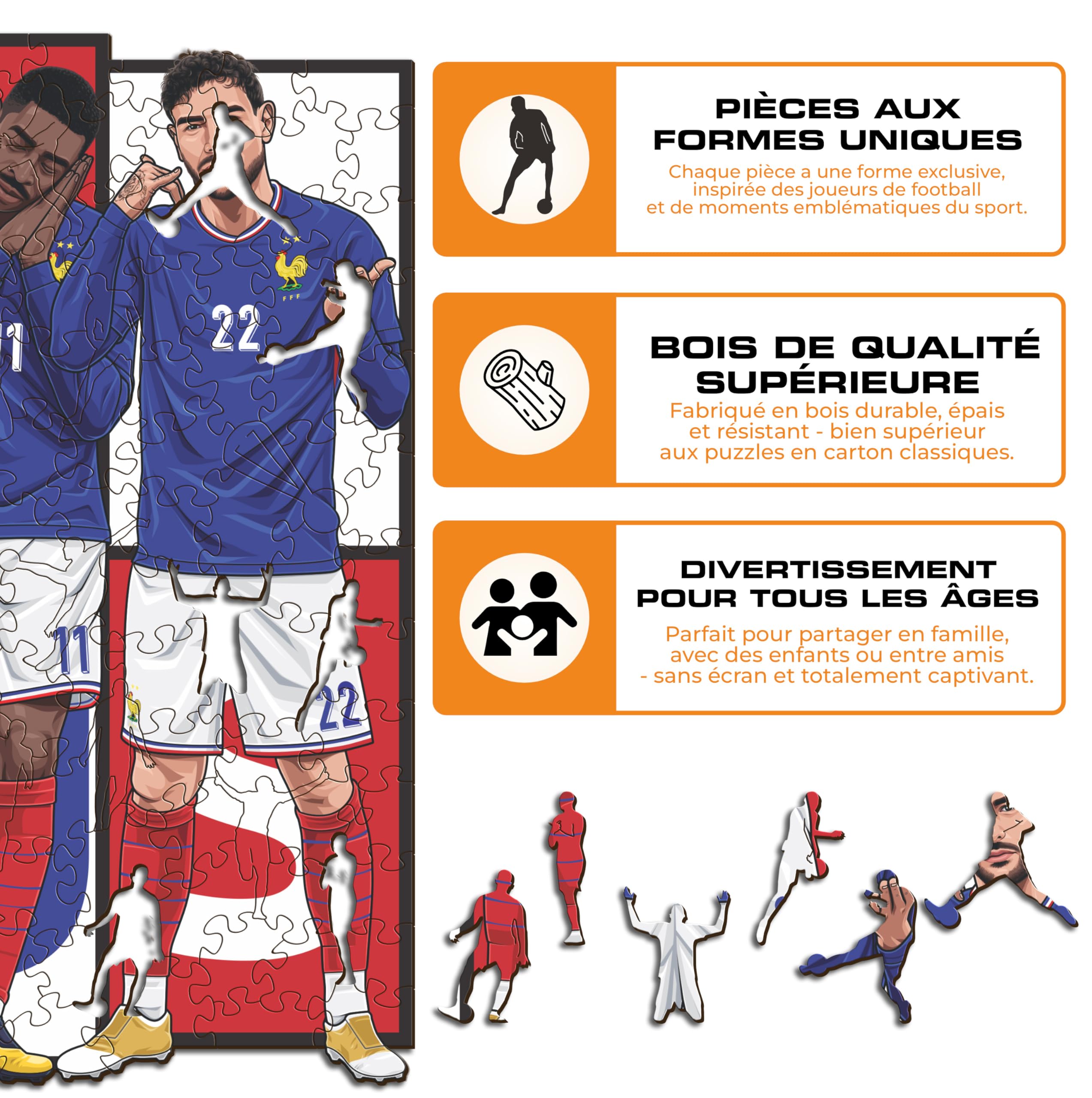 Iconic Puzzles - 6 Joueurs Équipe de France, Puzzle en Bois sous Licence Officielle, 100% Durable, Taille S, 150 pièces