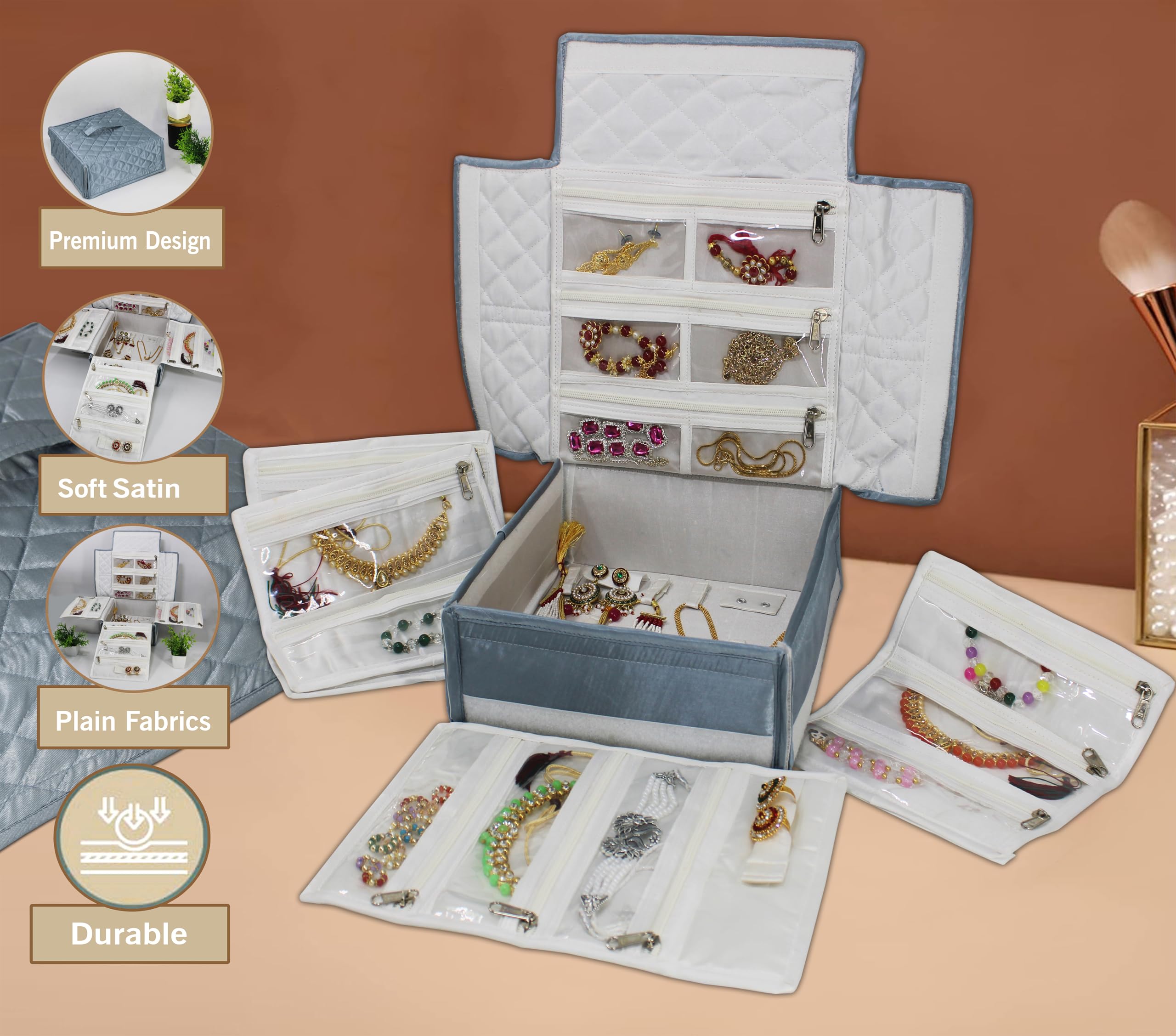 atorakushon Organizador de viaje plegable transparente con cremallera para collares, aretes, anillos, pulseras, color gris