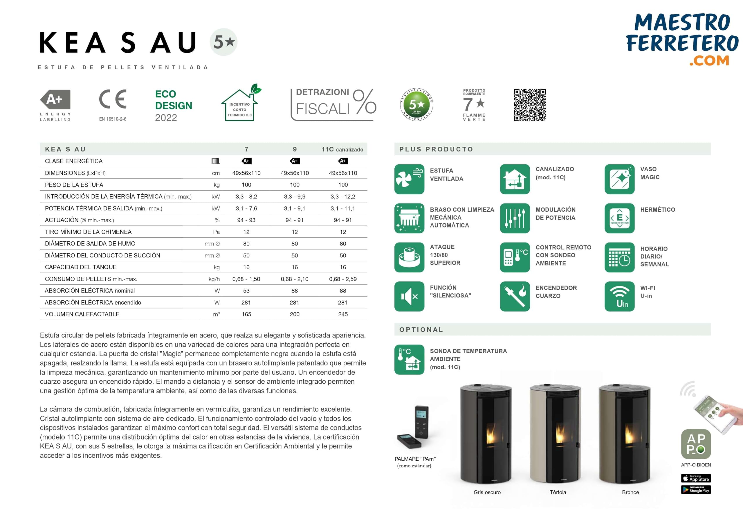 Estufa de Pellets Estanca 9 kW KEA AU Gris Oscuro Metalizado hasta 80 m²