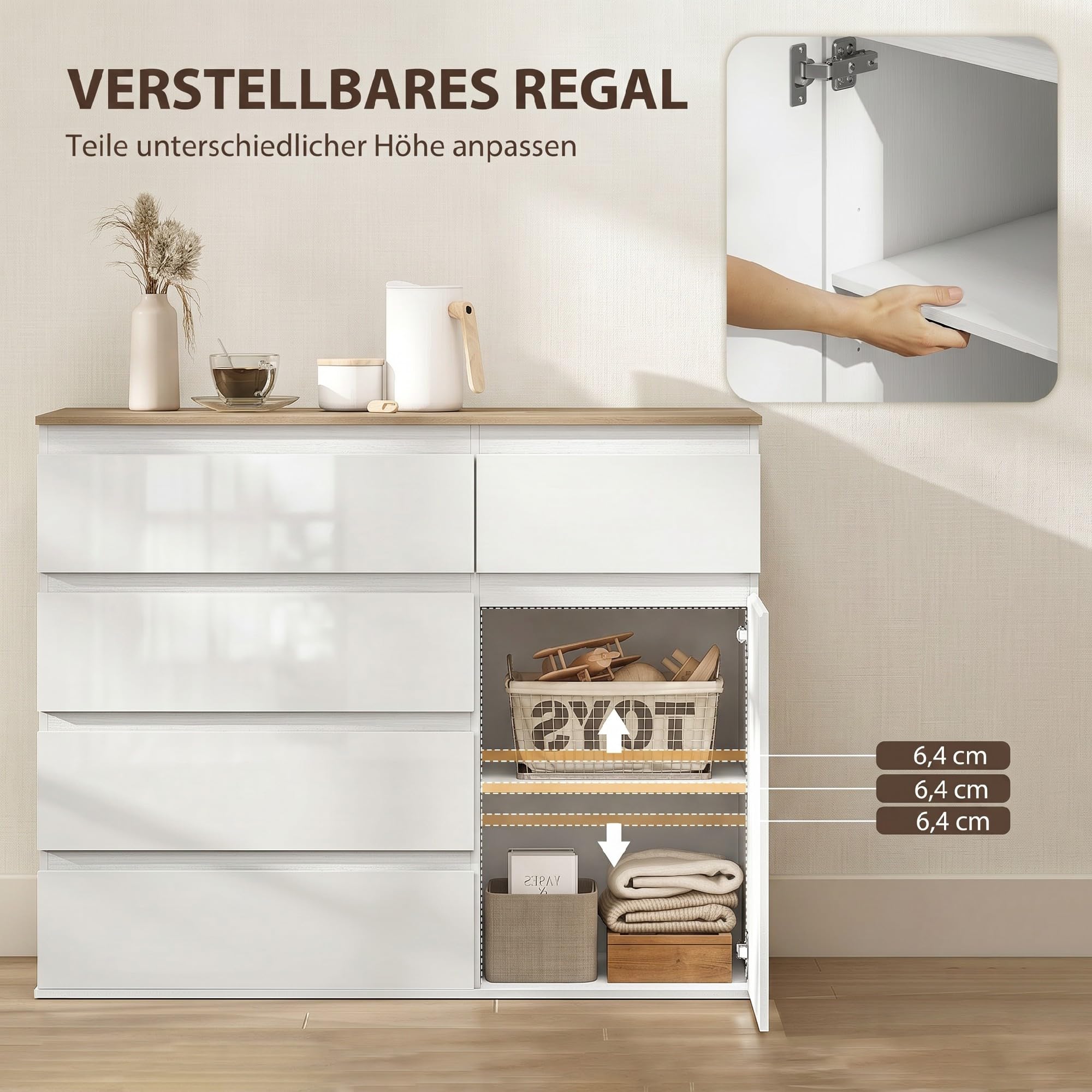HOMCOM Kommode mit 5 Schubladen, Sideboard Hochglanz Weiß, Schubladenschrank mit verstellbarem Regal und Soft-Close-Tür, für Wohnzimmer und Schlafzimmer, 100 x 40 x 80 cm