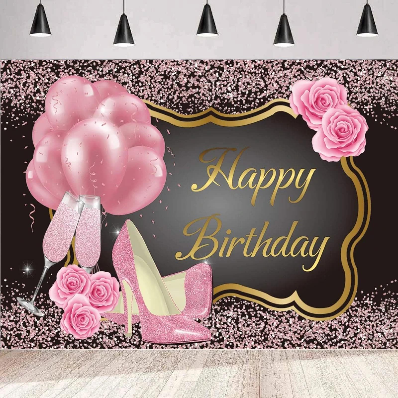 Glitzer Heels Fotografie Glänzende Rose High Luftballons Champagner Süß Alles Gute zum Geburtstag Frauen Hintergrund Wand