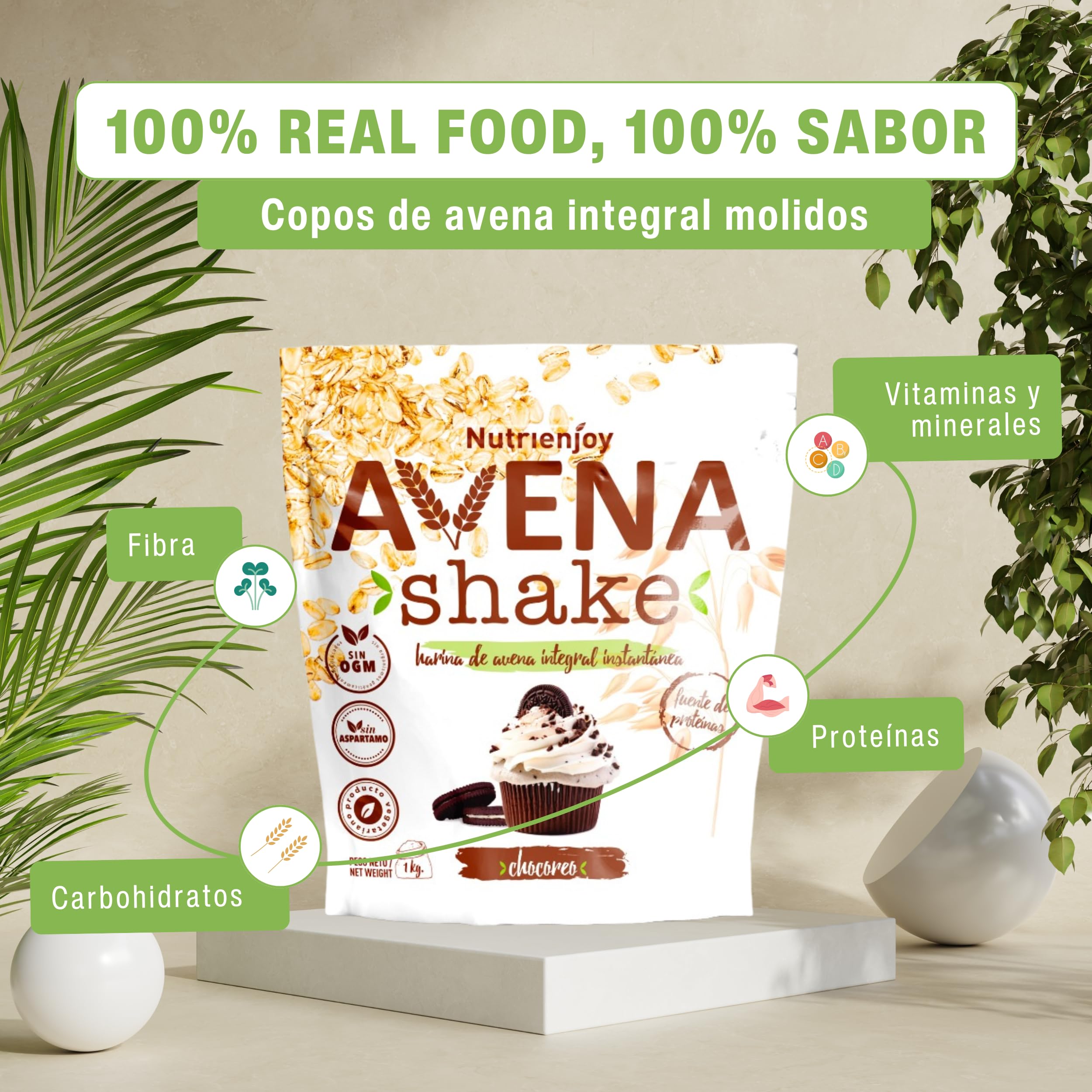 NutriEnjoy - Avena Shake 1Kg | Copos de Avena Integral Molidos | Harina de Avena Sabores | Avena en Polvo | Harina de Avena Integral | Avena Instantánea Sabores Deliciosos (Chocoreo) — view 2