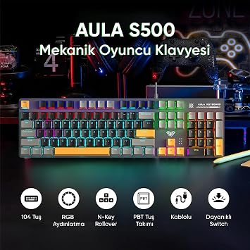 Aula S500 Blue Switch RGB Makrolu Kablolu Gaming Mekanik Oyuncu Klavyesi