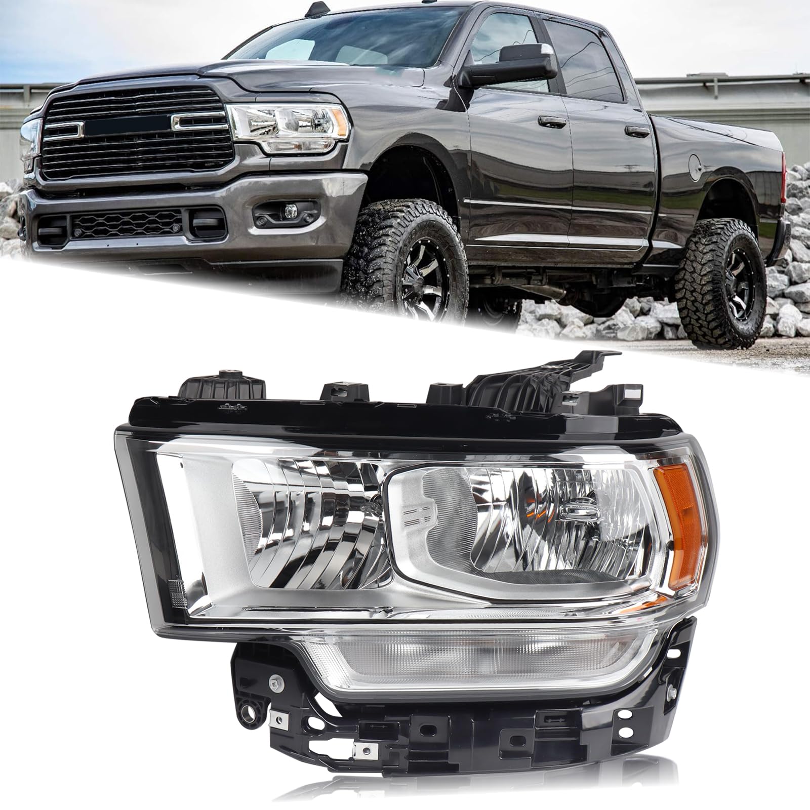 LH Chrome Halogen Interior Headlight Fit for 2019-2024 Dodge Ram 2500 3500 Head lamp With Bulbs Left Driver Side CH2502334 68360177AE 68360177AD