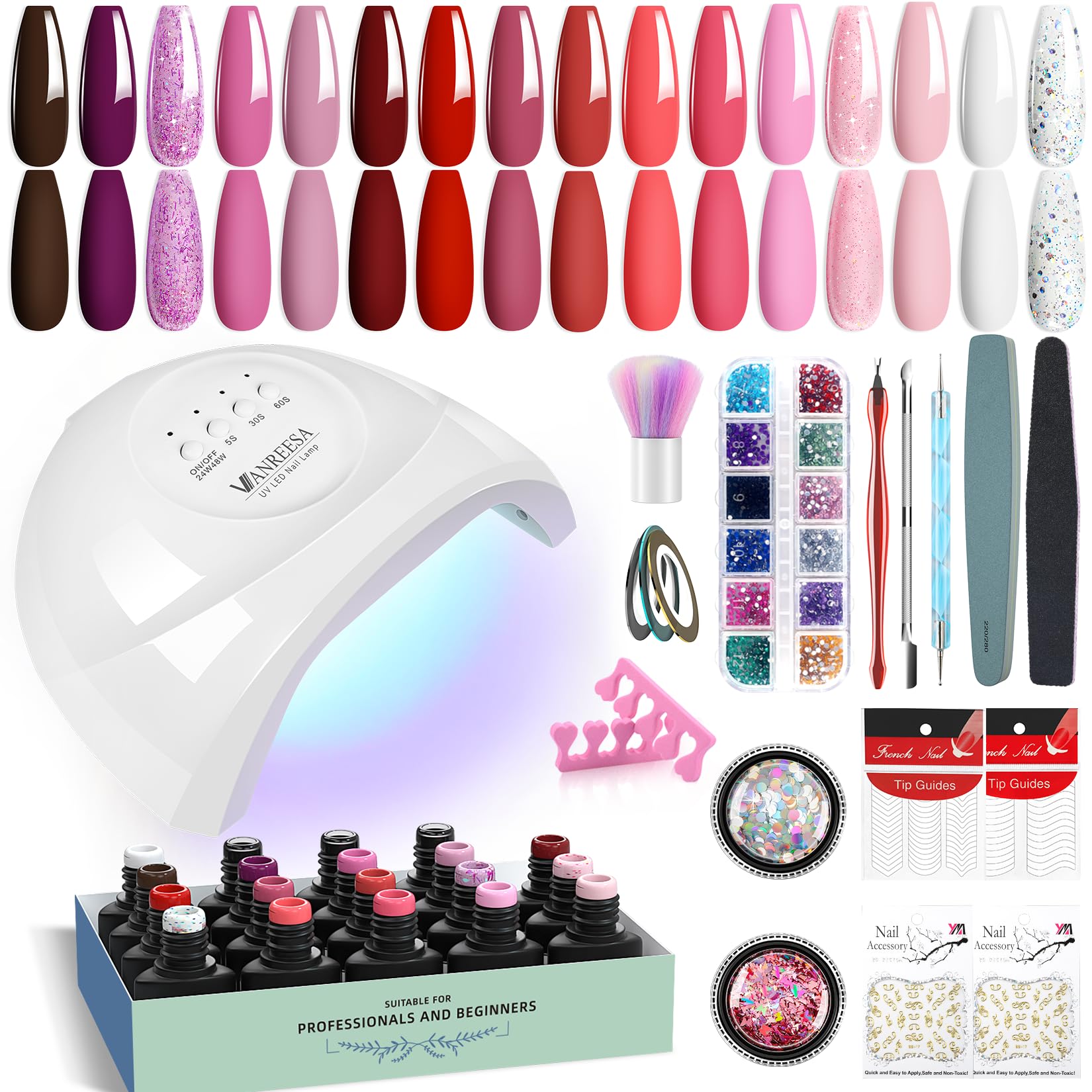 VANREESA Kit Semipermanente Unghie, 16 Coloris Kit Unghie Gel Completo con Lampada per Unghie 48W U V/LED Set Smalto Semipermanente Unghie con Matt Top Base Coat Regali per Donna