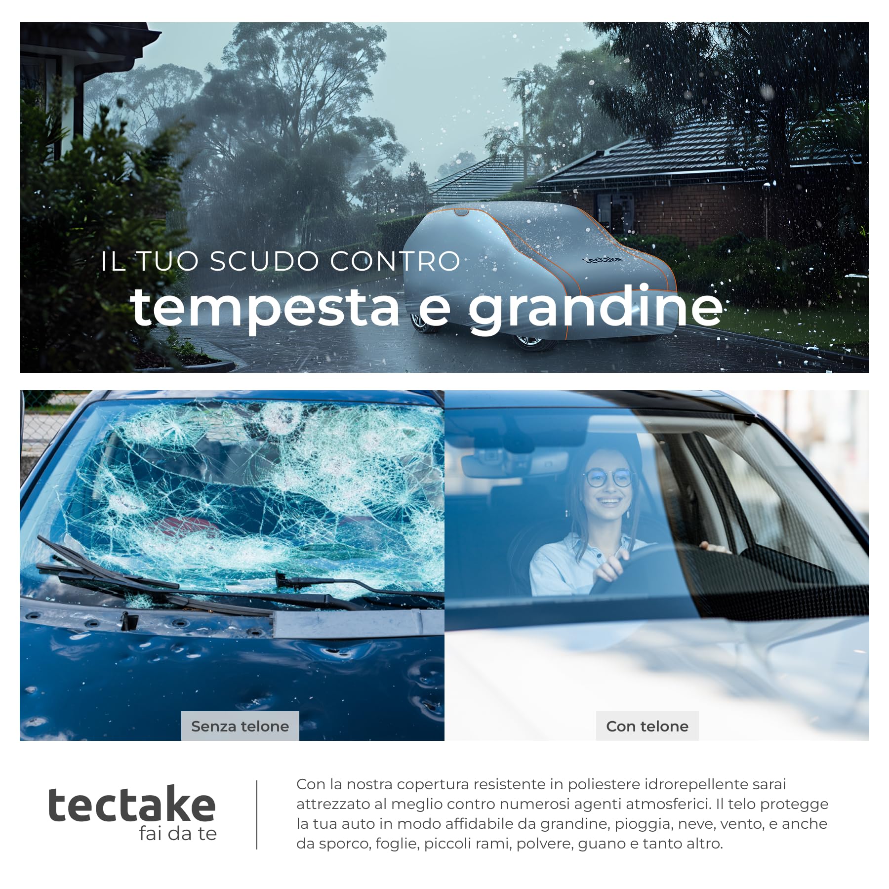 tectake® Copriauto Antigrandine Impermeabile, Traspirante per Auto, Protezione Ottimale da Pioggia e Grandine, Strato in Gommapiuma 4 mm, Orlo Elastico a Cucitura Doppia - M (431 x 165 x 120 cm) - 4